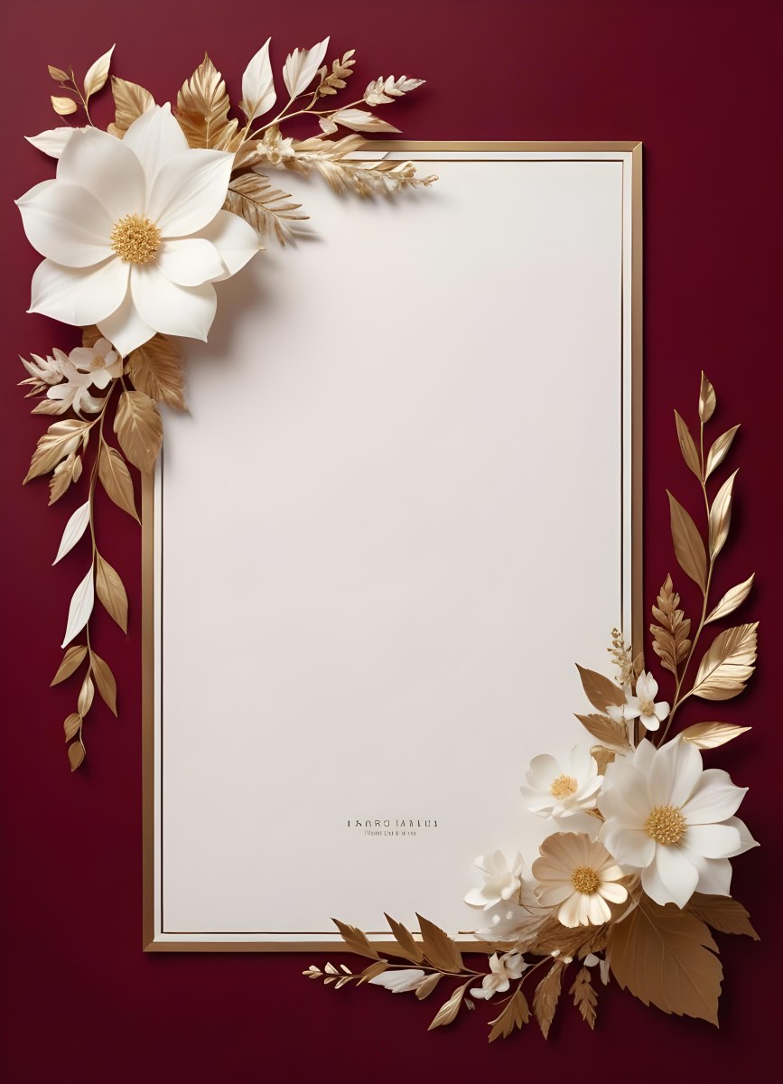 Digital Painting A Floral Frame With White Flowers Leaves And Gold Accents On A Burgundy Background Bold And Slim Lines Brush Strokes 9 3331