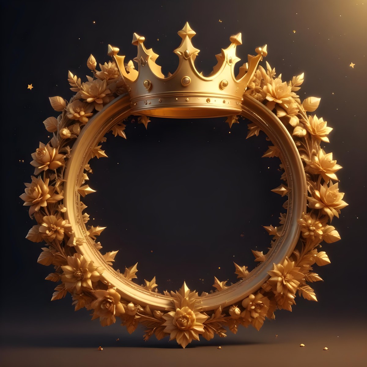 Digital Painting A Golden Circular Frame With A Crown On Top Surrounded By Stars And Floral Elements The Frame Has A Warm Glowing Background Bold And Slim Lines Brush Strokes 11 8d8d