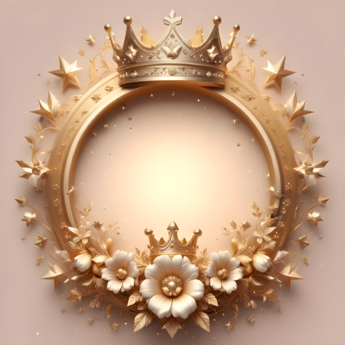 Digital Painting A Golden Circular Frame With A Crown On Top Surrounded By Stars And Floral Elements The Frame Has A Warm Glowing Background Bold And Slim Lines Brush Strokes 14 Fb14