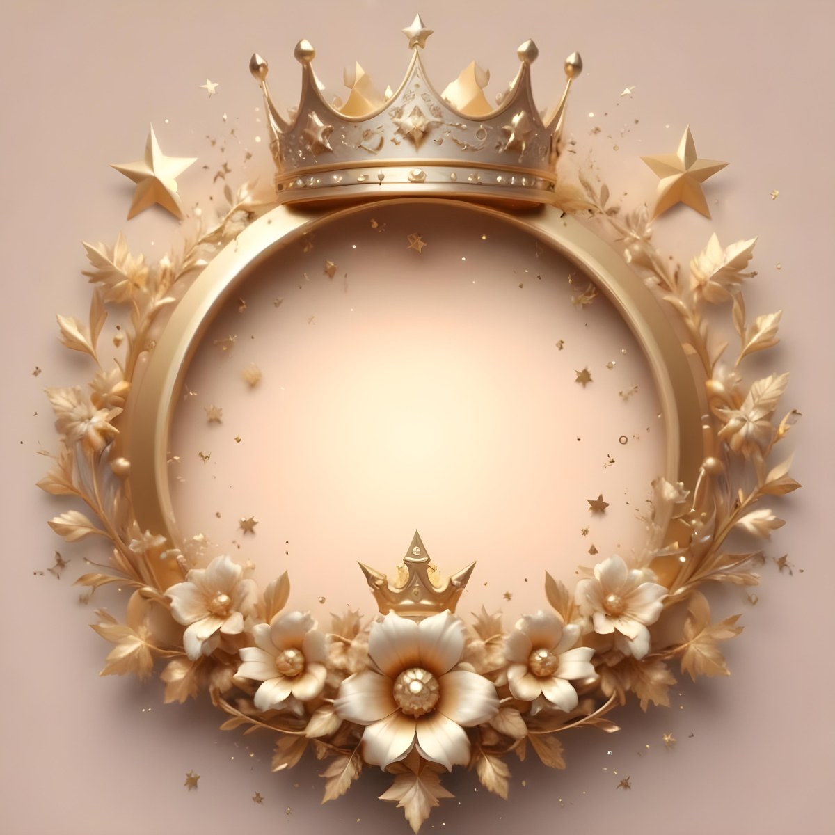 Digital Painting A Golden Circular Frame With A Crown On Top Surrounded By Stars And Floral Elements The Frame Has A Warm Glowing Background Bold And Slim Lines Brush Strokes 18 92a3