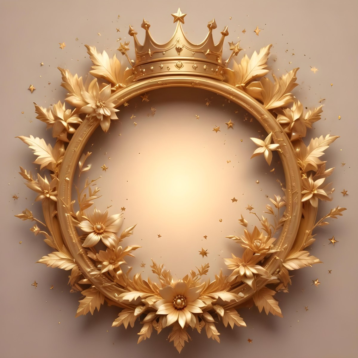 Digital Painting A Golden Circular Frame With A Crown On Top Surrounded By Stars And Floral Elements The Frame Has A Warm Glowing Background Bold And Slim Lines Brush Strokes 19 251e