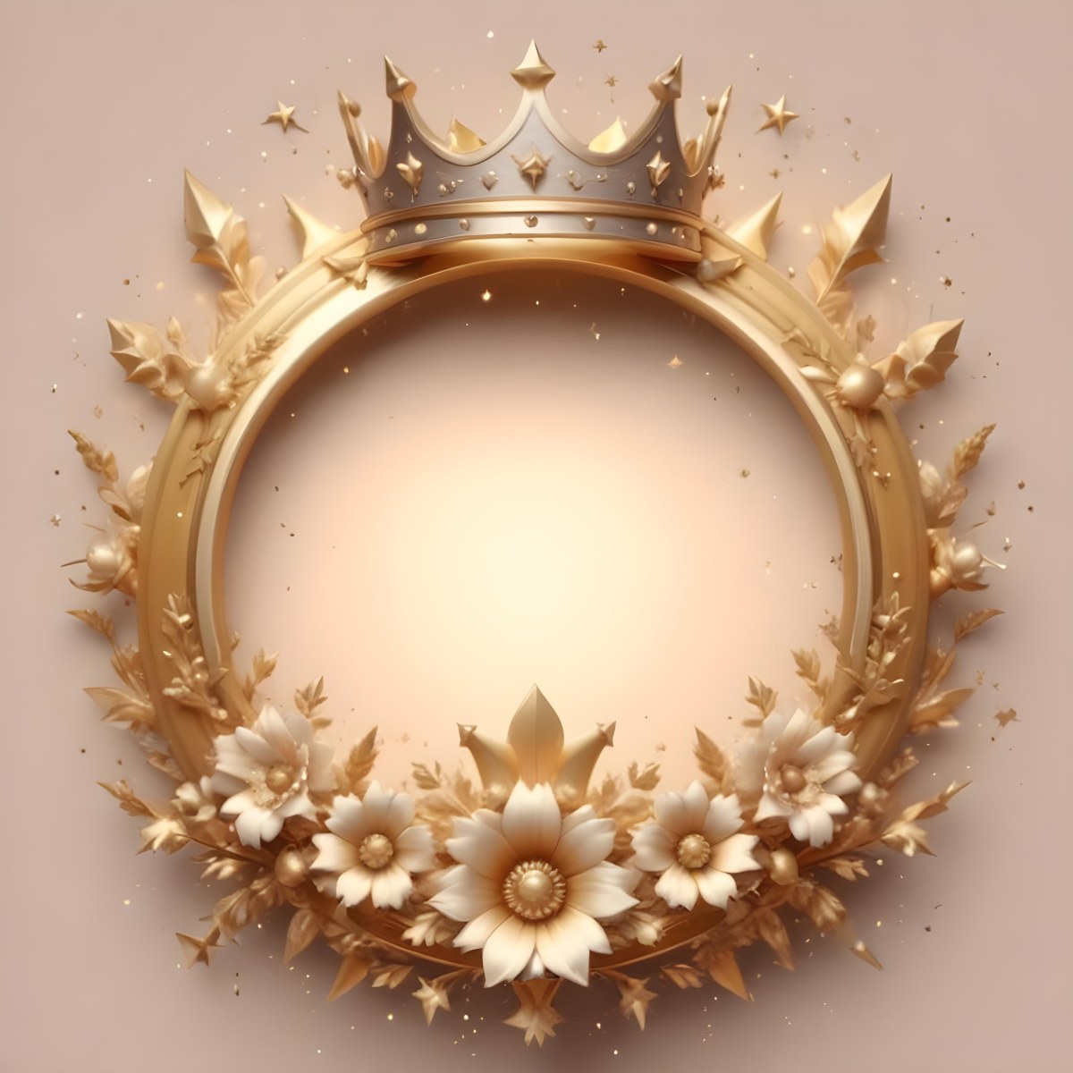 Digital Painting A Golden Circular Frame With A Crown On Top Surrounded By Stars And Floral Elements The Frame Has A Warm Glowing Background Bold And Slim Lines Brush Strokes 22 4453