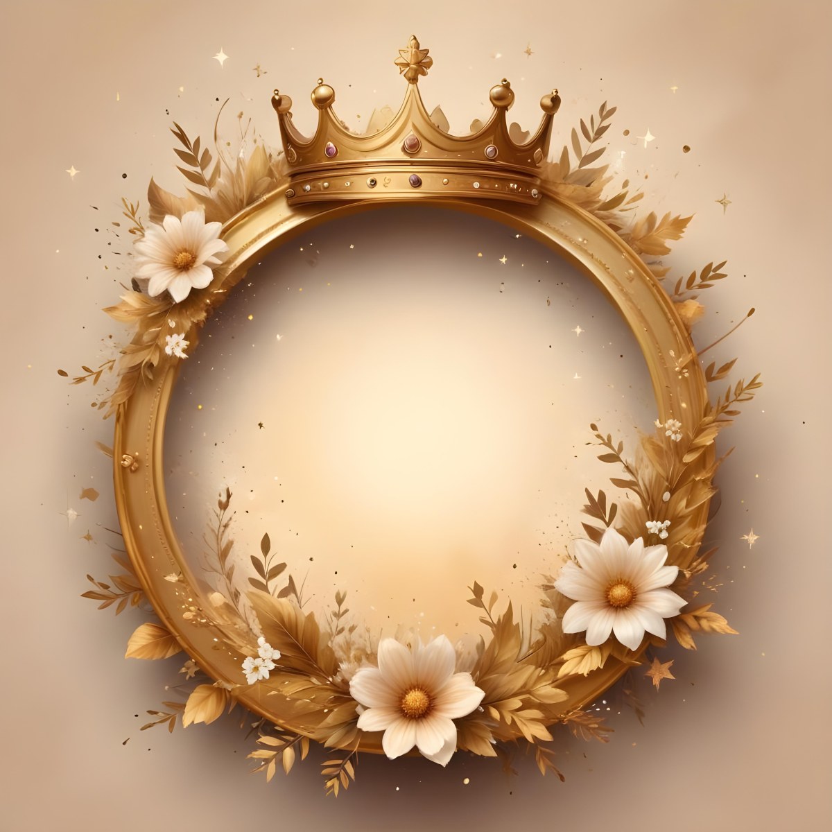 Digital Painting A Golden Circular Frame With A Crown On Top Surrounded By Stars And Floral Elements The Frame Has A Warm Glowing Background Bold And Slim Lines Brush Strokes 27 Bafe