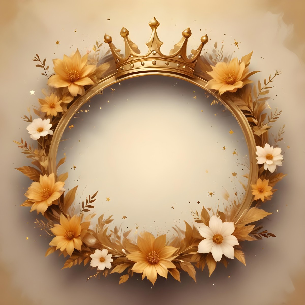 Digital Painting A Golden Circular Frame With A Crown On Top Surrounded By Stars And Floral Elements The Frame Has A Warm Glowing Background Bold And Slim Lines Brush Strokes 29 0aea