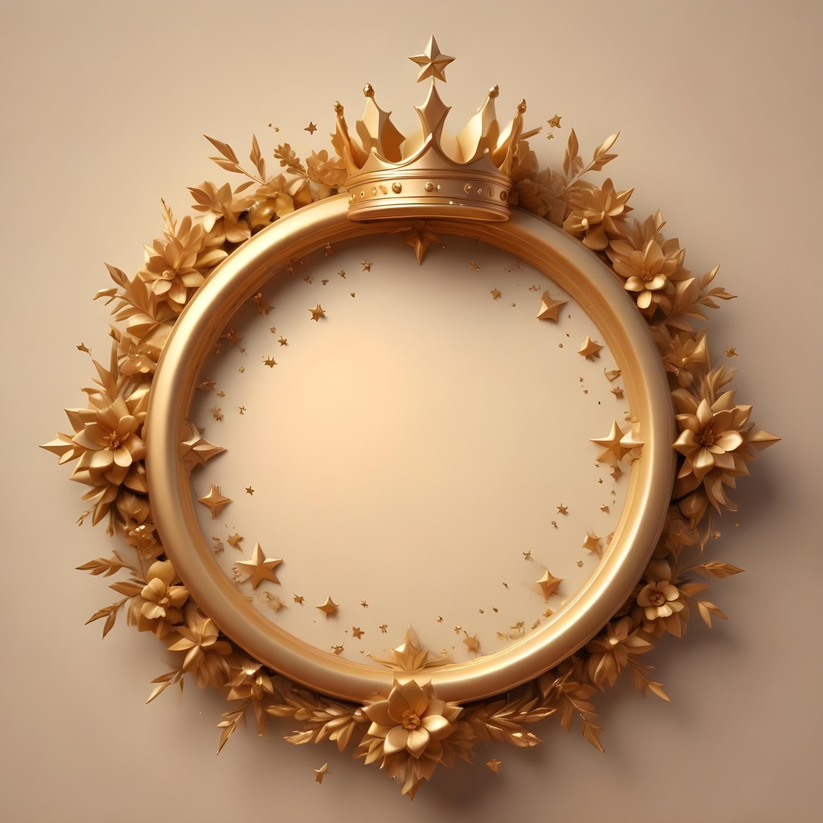 Digital Painting A Golden Circular Frame With A Crown On Top Surrounded By Stars And Floral Elements The Frame Has A Warm Glowing Background Bold And Slim Lines Brush Strokes 3 9349