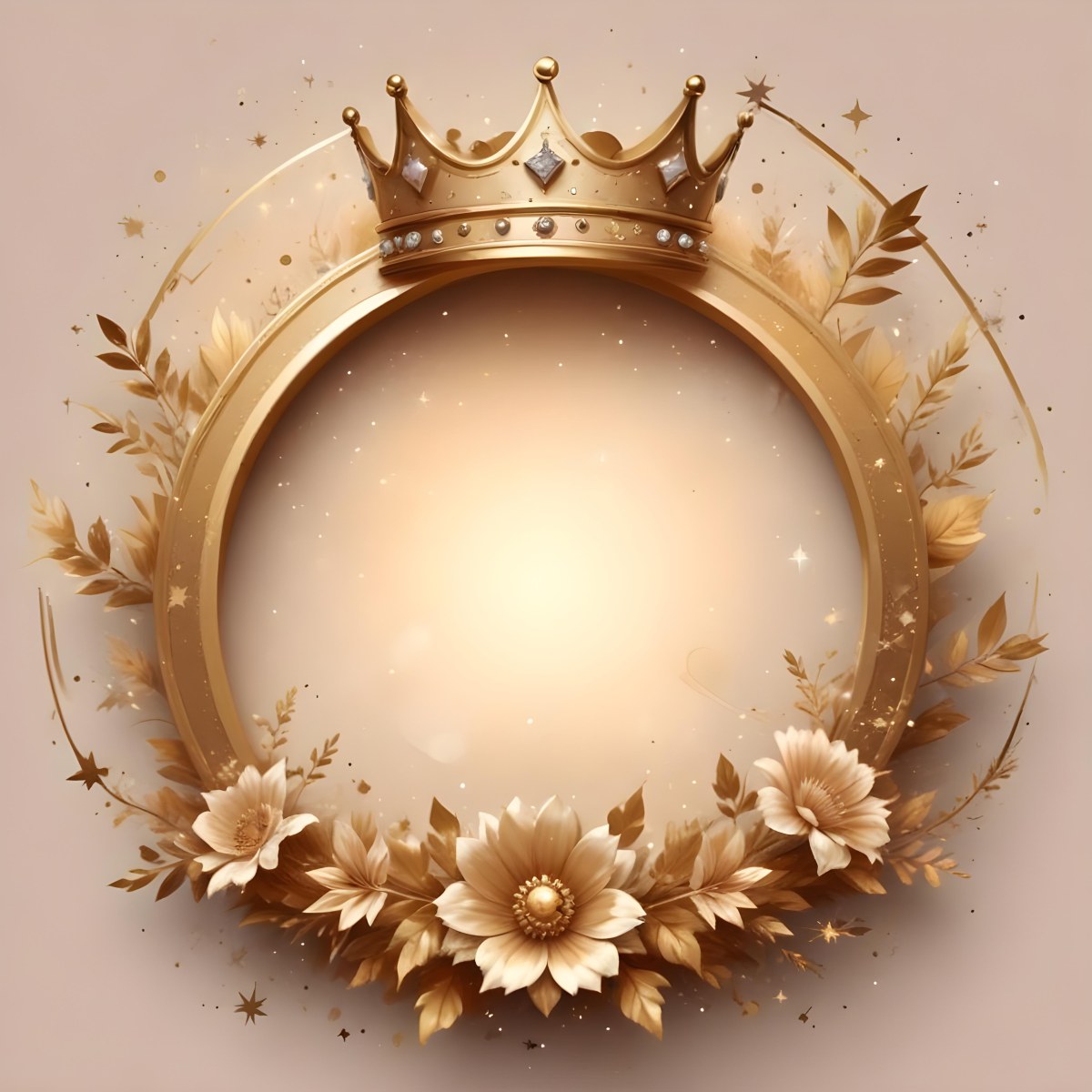 Digital Painting A Golden Circular Frame With A Crown On Top Surrounded By Stars And Floral Elements The Frame Has A Warm Glowing Background Bold And Slim Lines Brush Strokes 30 F468