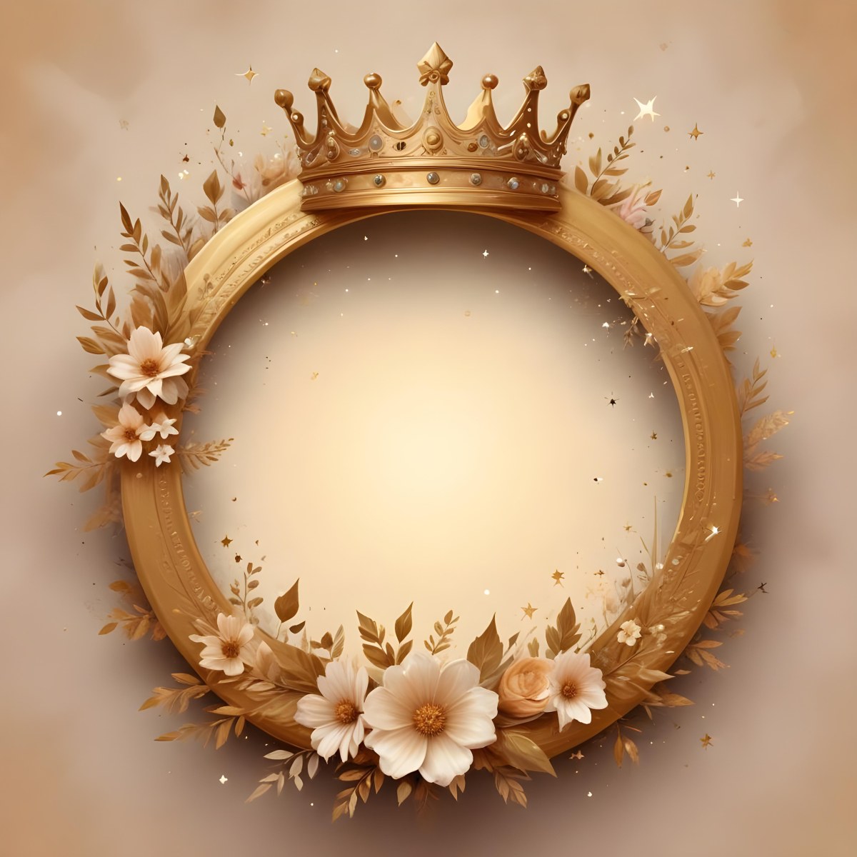 Digital Painting A Golden Circular Frame With A Crown On Top Surrounded By Stars And Floral Elements The Frame Has A Warm Glowing Background Bold And Slim Lines Brush Strokes 31 1650