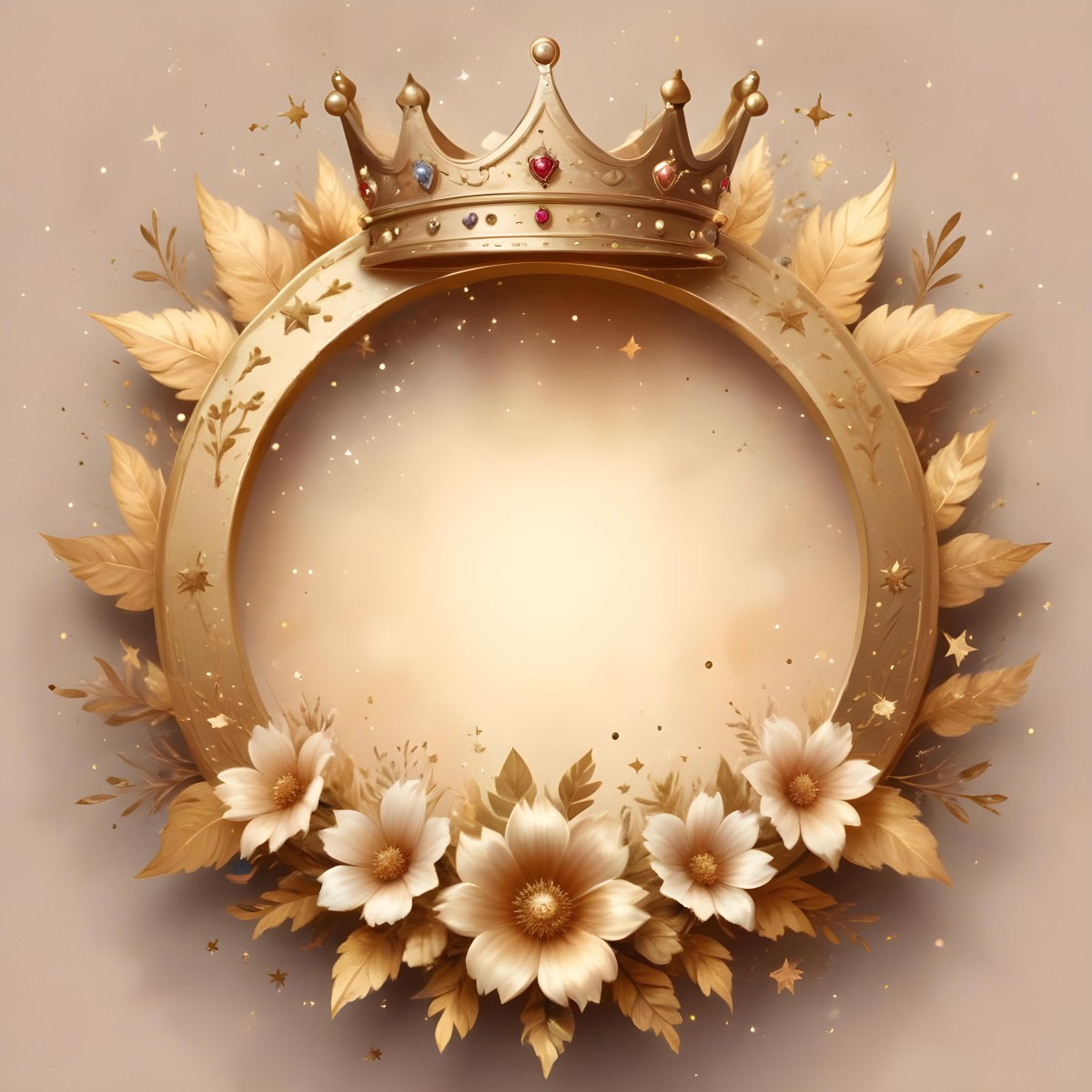 Digital Painting A Golden Circular Frame With A Crown On Top Surrounded By Stars And Floral Elements The Frame Has A Warm Glowing Background Bold And Slim Lines Brush Strokes 32 D833