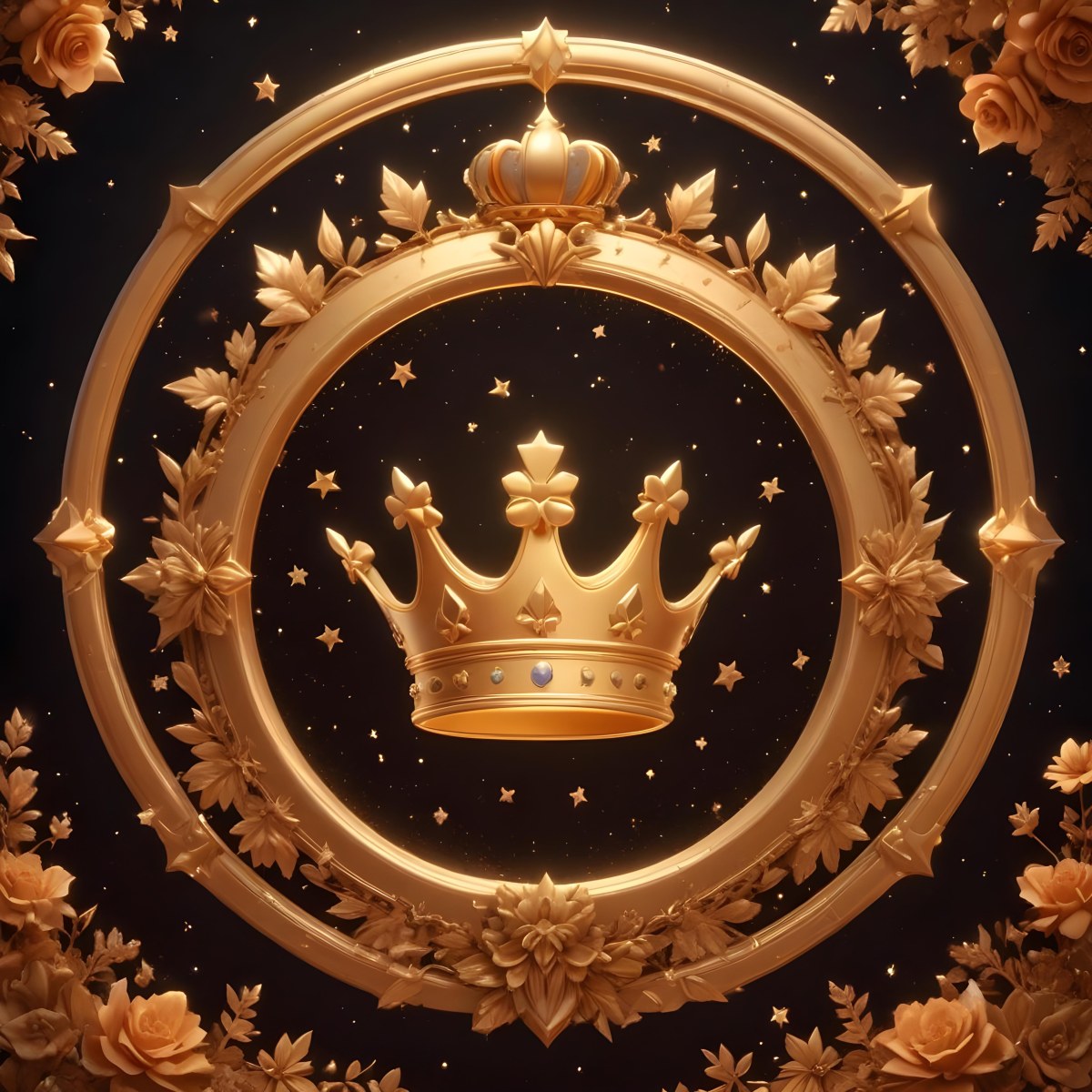 Digital Painting A Golden Circular Frame With A Crown On Top Surrounded By Stars And Floral Elements The Frame Has A Warm Glowing Background Bold And Slim Lines Brush Strokes 4 D89a