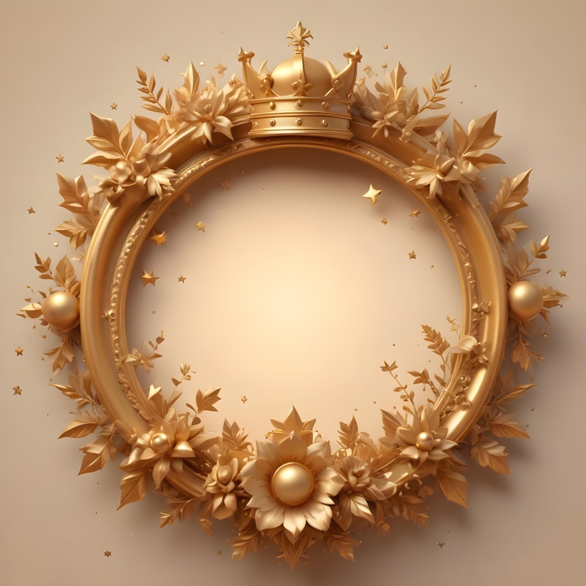 Digital Painting A Golden Circular Frame With A Crown On Top Surrounded By Stars And Floral Elements The Frame Has A Warm Glowing Background Bold And Slim Lines Brush Strokes 5 75f7