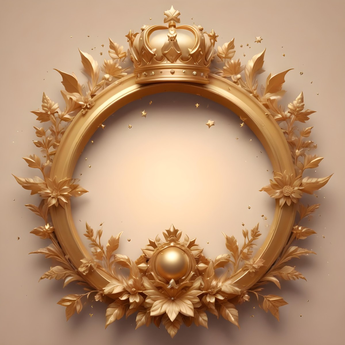 Digital Painting A Golden Circular Frame With A Crown On Top Surrounded By Stars And Floral Elements The Frame Has A Warm Glowing Background Bold And Slim Lines Brush Strokes 6 9dc6