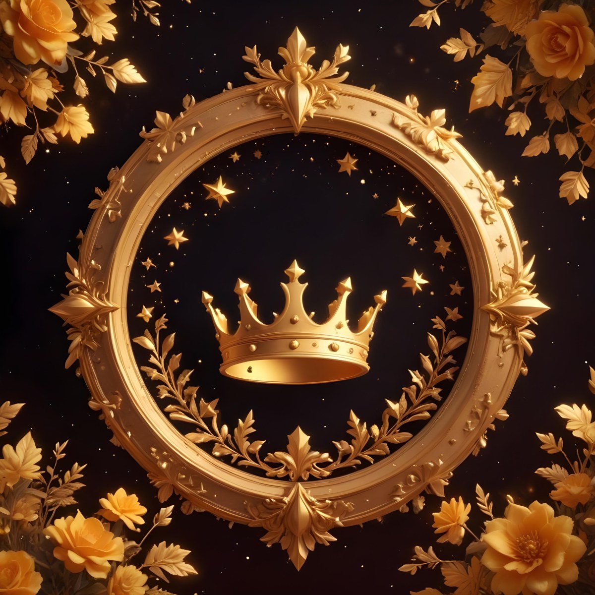 Digital Painting A Golden Circular Frame With A Crown On Top Surrounded By Stars And Floral Elements The Frame Has A Warm Glowing Background Bold And Slim Lines Brush Strokes 7 48d4