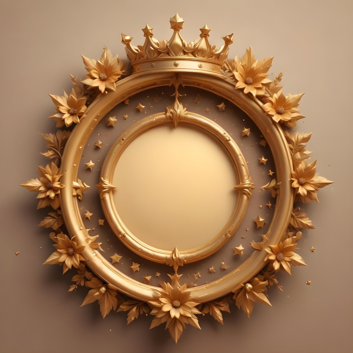 Digital Painting A Golden Circular Frame With A Crown On Top Surrounded By Stars And Floral Elements The Frame Has A Warm Glowing Background Bold And Slim Lines Brush Strokes 8 0718