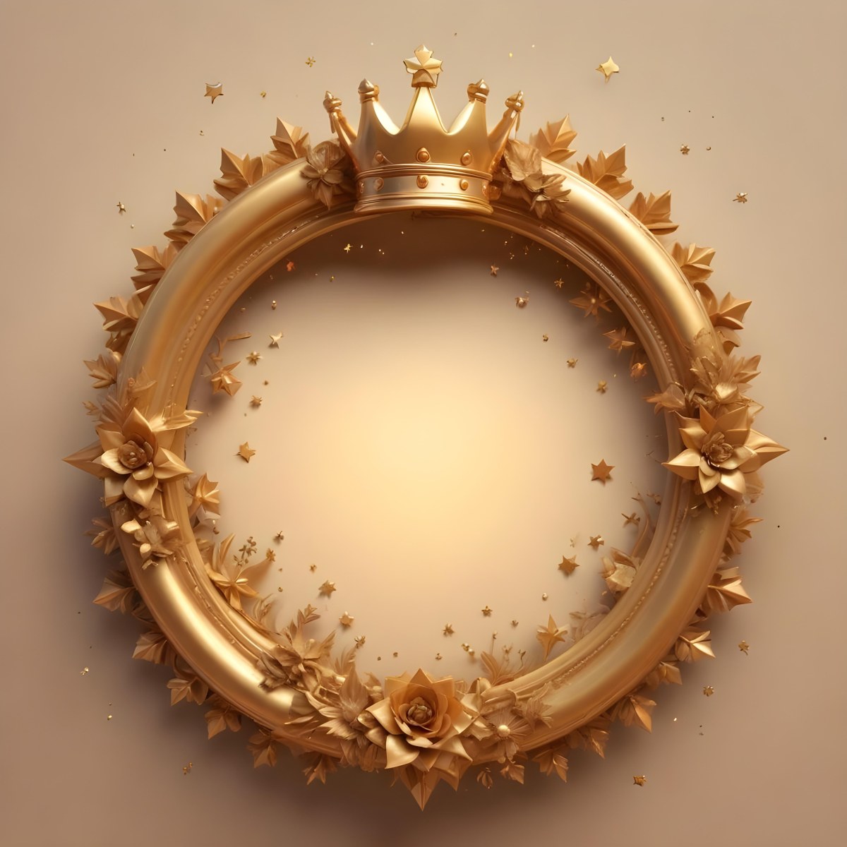 Digital Painting A Golden Circular Frame With A Crown On Top Surrounded By Stars And Floral Elements The Frame Has A Warm Glowing Background Bold And Slim Lines Brush Strokes 9 0036