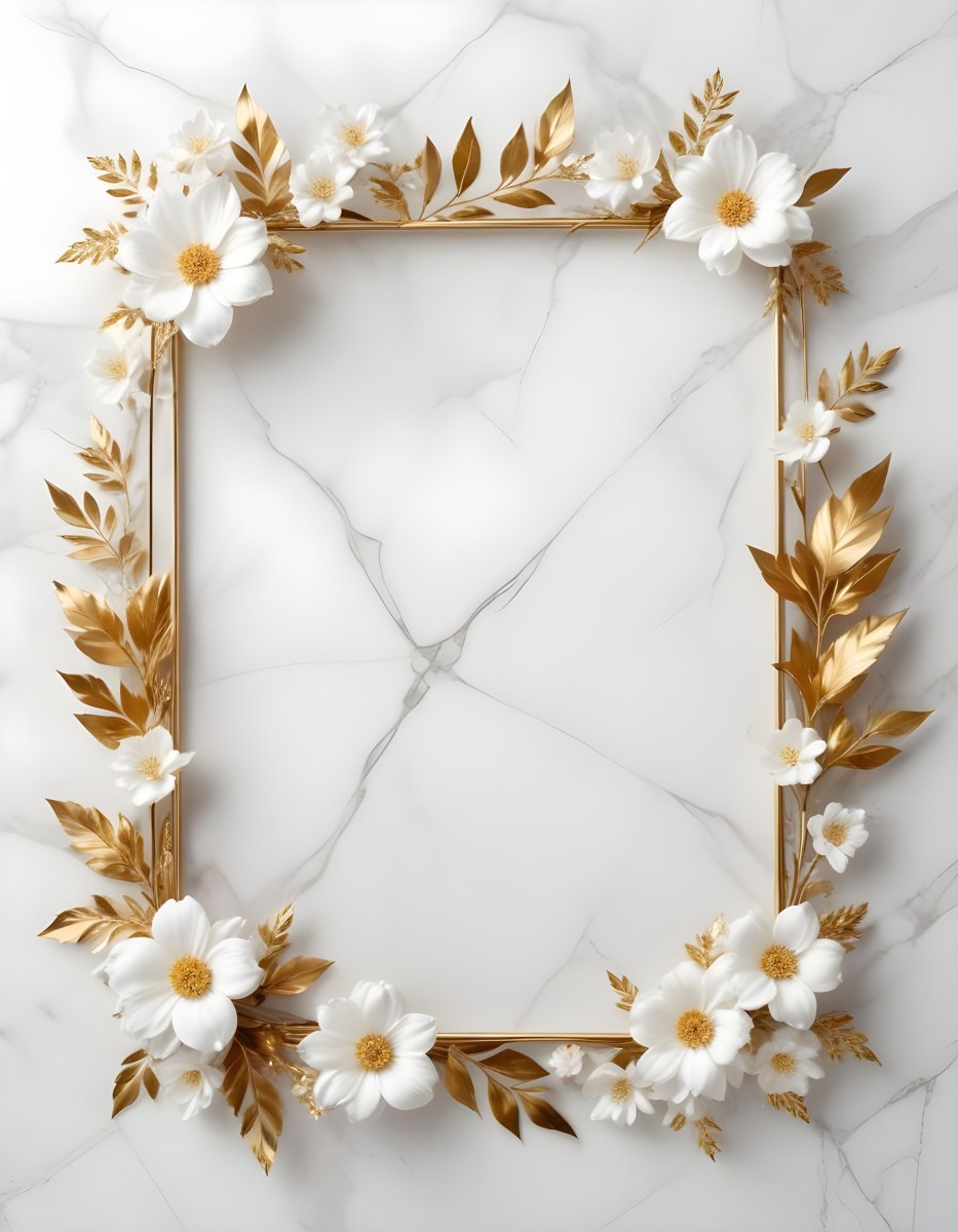 Digital Painting A Golden Floral Frame With White Flowers And Leaves On A White Marble Background Bold And Slim Lines Brush Strokes 18 8471