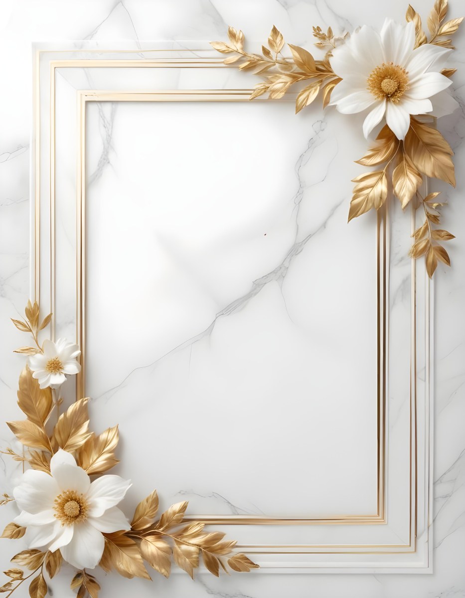 Digital Painting A Golden Floral Frame With White Flowers And Leaves On A White Marble Background Bold And Slim Lines Brush Strokes 20 9d56
