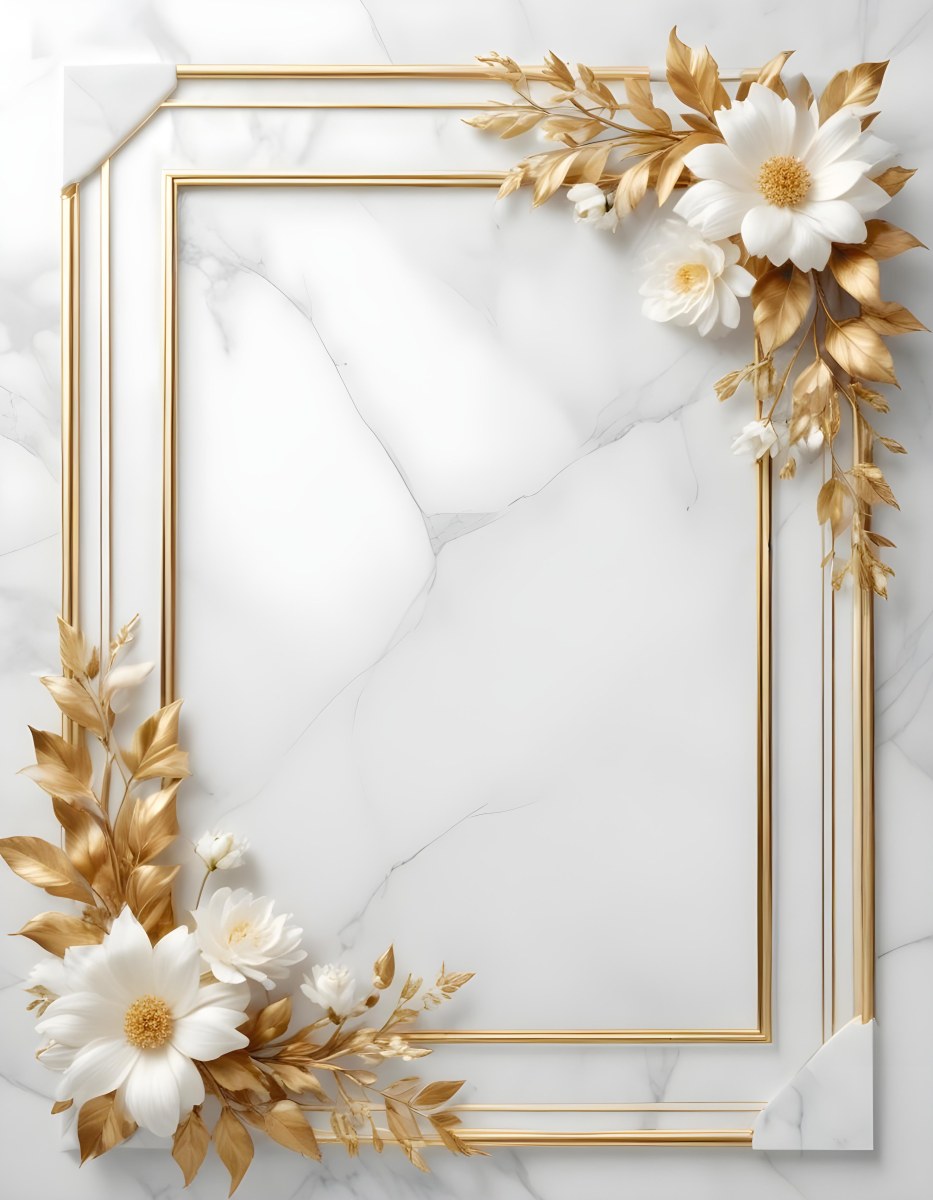 Digital Painting A Golden Floral Frame With White Flowers And Leaves On A White Marble Background Bold And Slim Lines Brush Strokes 24 8a77