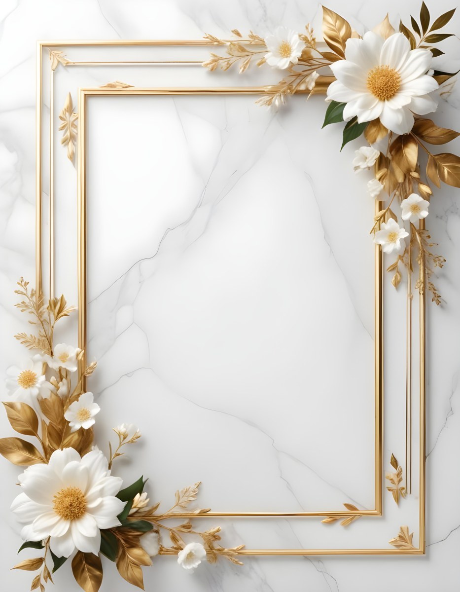 Digital Painting A Golden Floral Frame With White Flowers And Leaves On A White Marble Background Bold And Slim Lines Brush Strokes 28 32e3