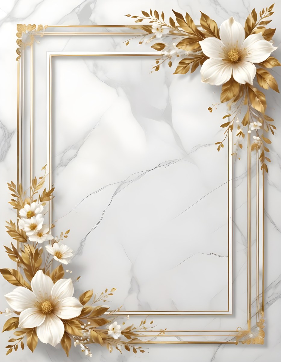 Digital Painting A Golden Floral Frame With White Flowers And Leaves On A White Marble Background Bold And Slim Lines Brush Strokes 33 C34f