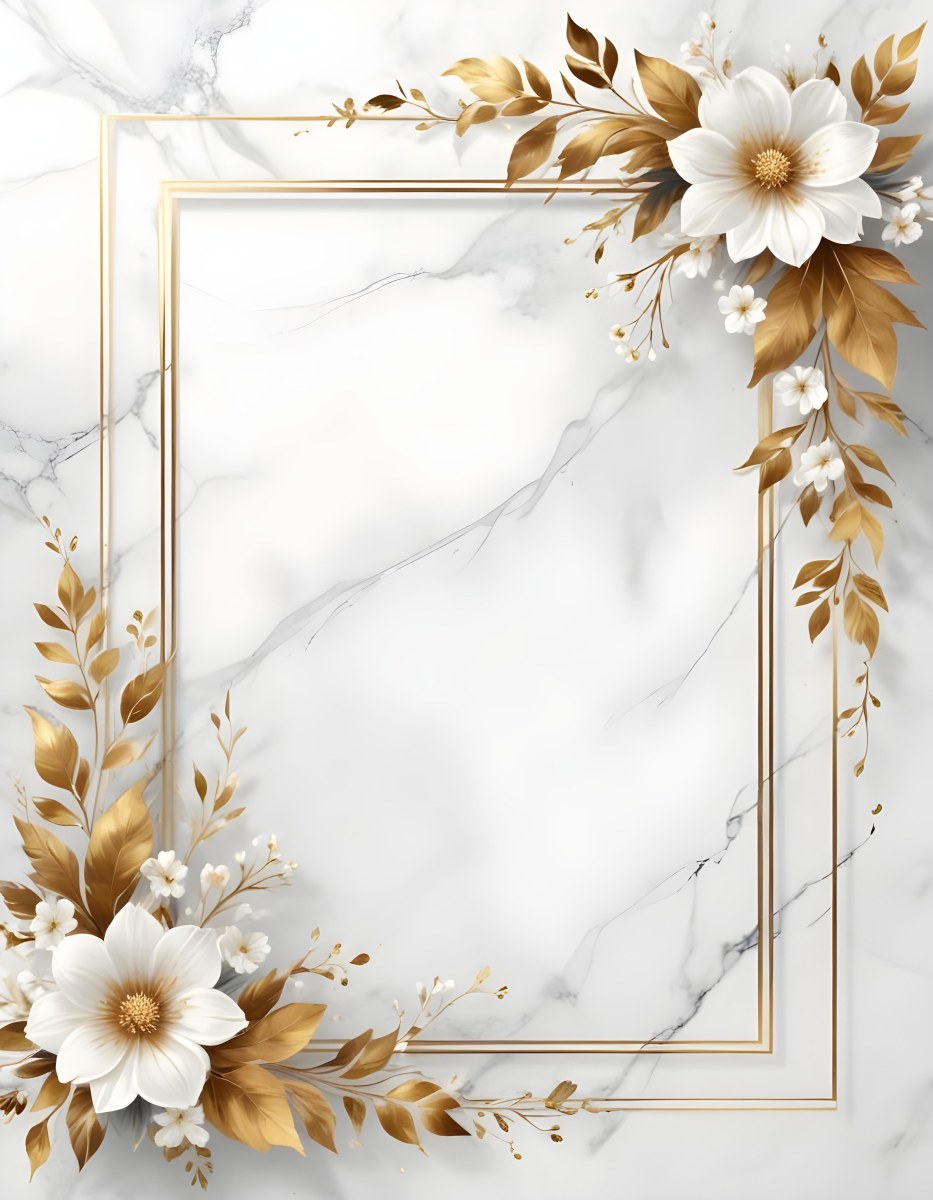Digital Painting A Golden Floral Frame With White Flowers And Leaves On A White Marble Background Bold And Slim Lines Brush Strokes 37 6edd