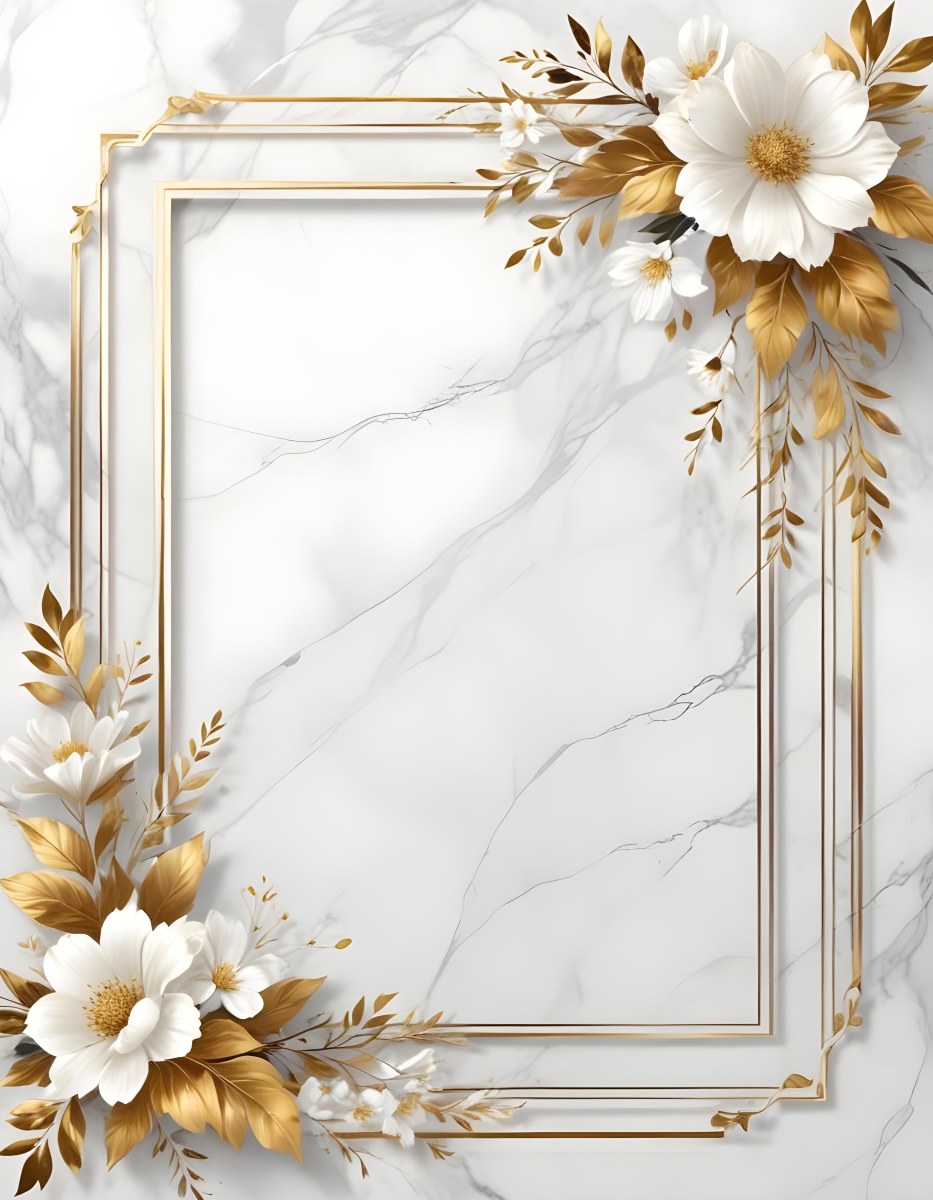 Digital Painting A Golden Floral Frame With White Flowers And Leaves On A White Marble Background Bold And Slim Lines Brush Strokes 38 F806