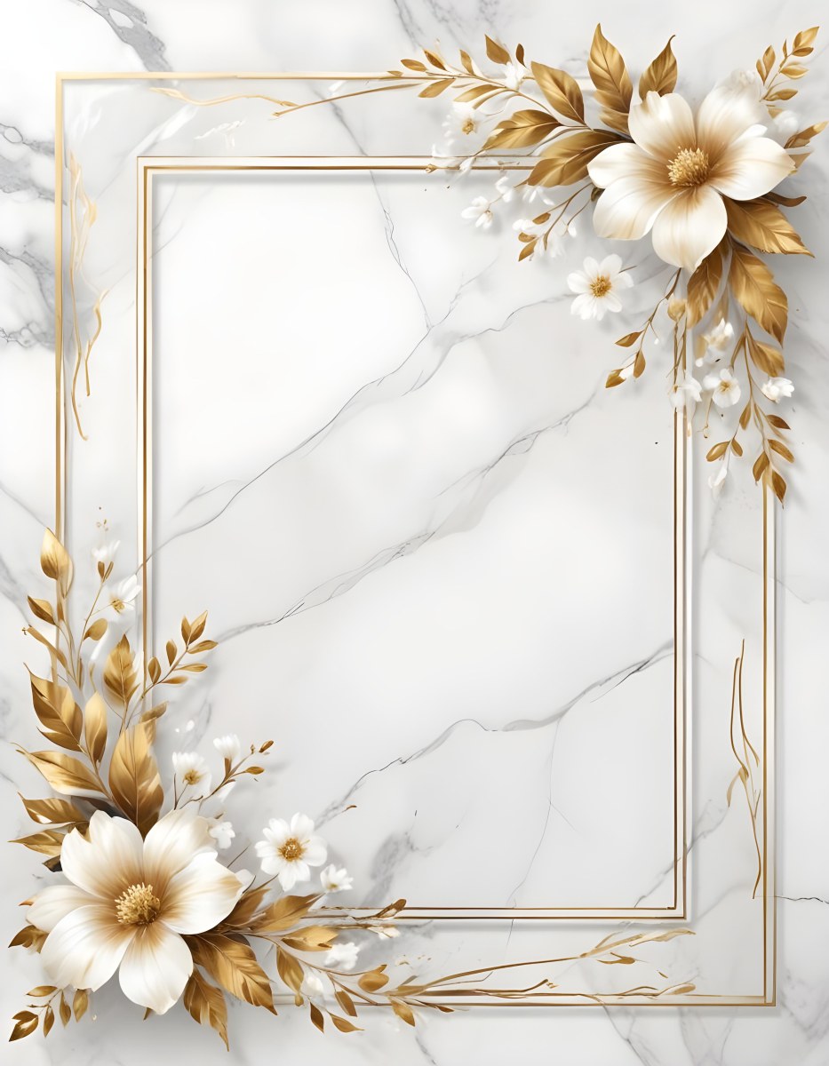 Digital Painting A Golden Floral Frame With White Flowers And Leaves On A White Marble Background Bold And Slim Lines Brush Strokes 39 910e