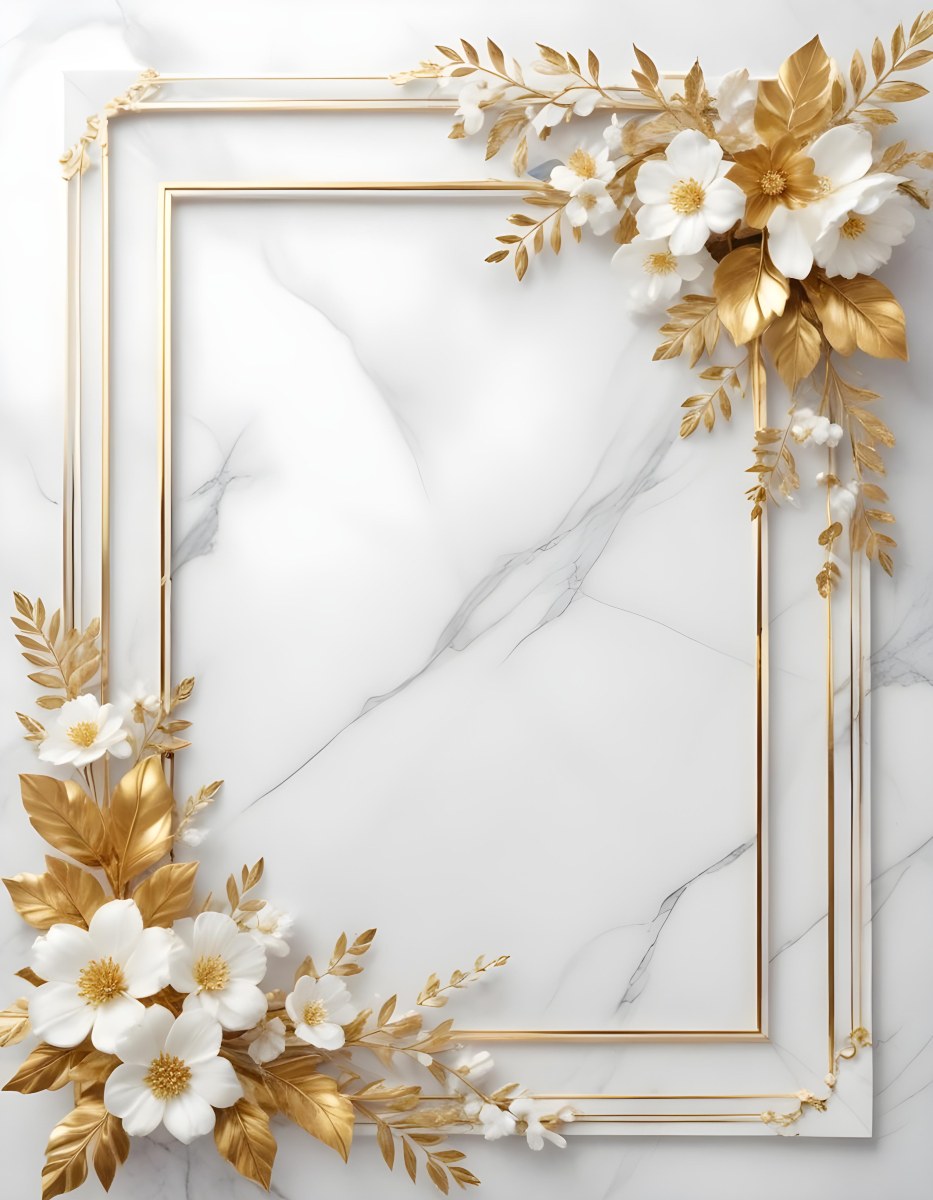 Digital Painting A Golden Floral Frame With White Flowers And Leaves On A White Marble Background Bold And Slim Lines Brush Strokes 4 3506