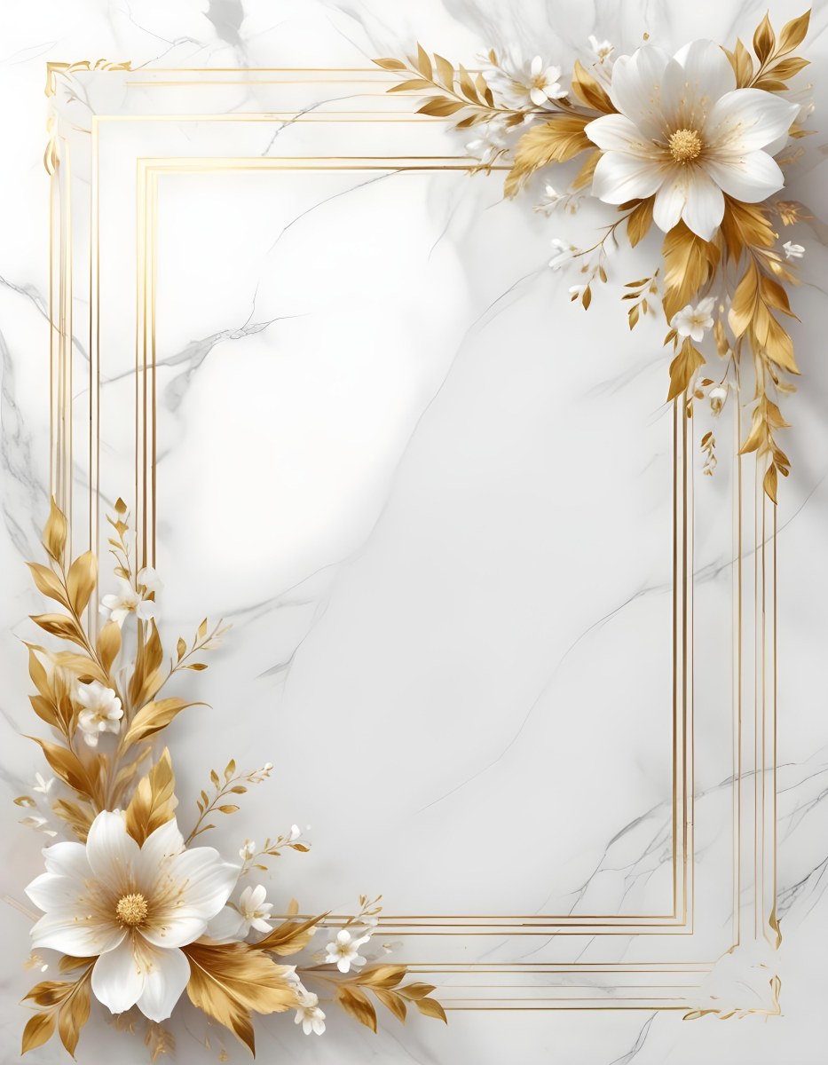 Digital Painting A Golden Floral Frame With White Flowers And Leaves On A White Marble Background Bold And Slim Lines Brush Strokes 40 A3a1