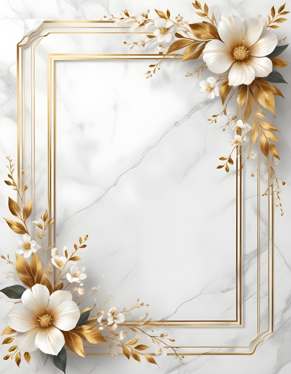 Digital Painting A Golden Floral Frame With White Flowers And Leaves On A White Marble Background Bold And Slim Lines Brush Strokes 41 Eaef