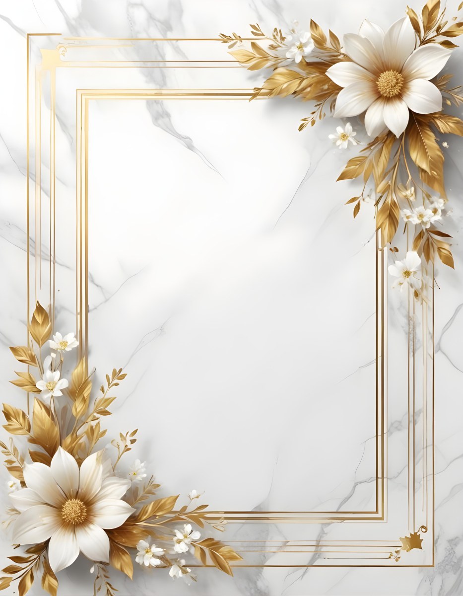 Digital Painting A Golden Floral Frame With White Flowers And Leaves On A White Marble Background Bold And Slim Lines Brush Strokes 42 D277
