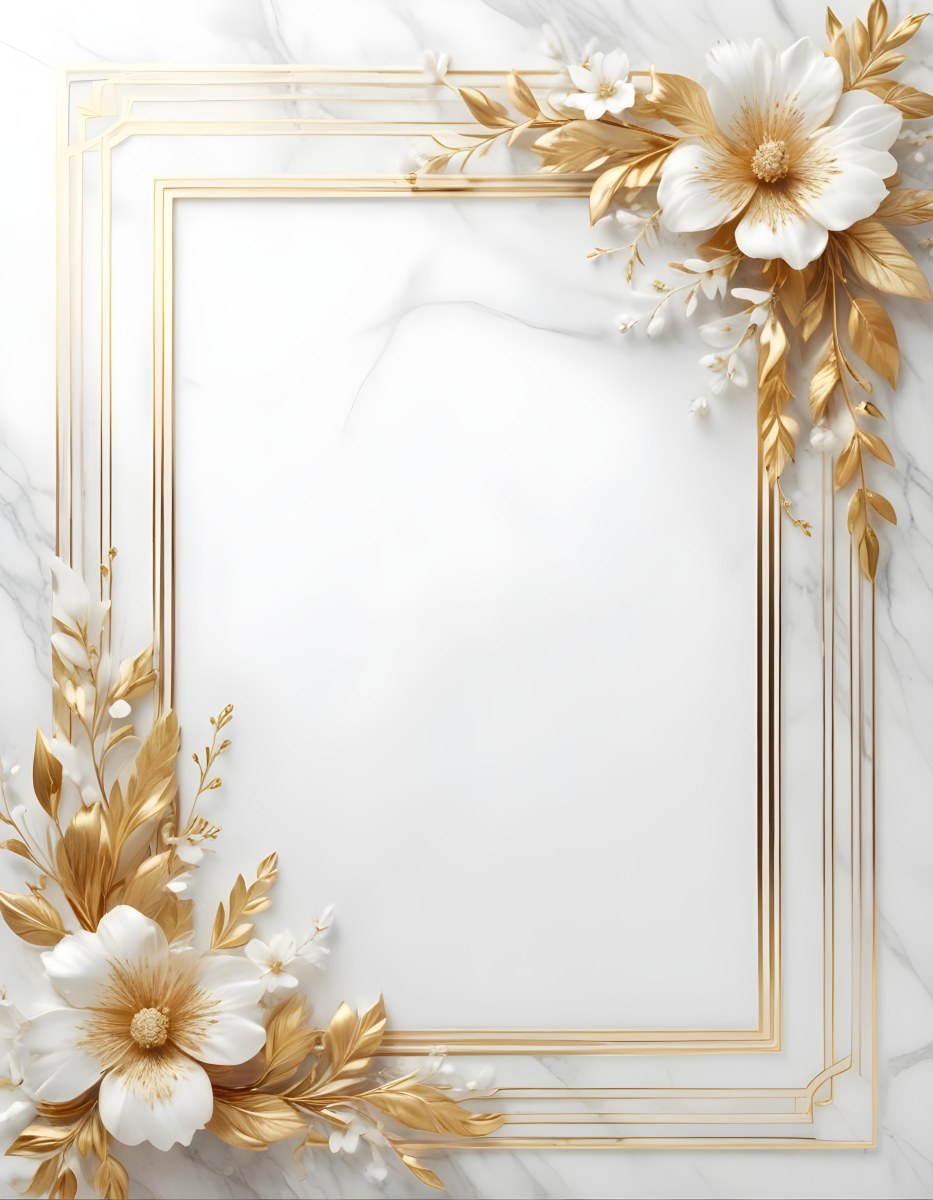 Digital Painting A Golden Floral Frame With White Flowers And Leaves On A White Marble Background Bold And Slim Lines Brush Strokes 43 4ddc