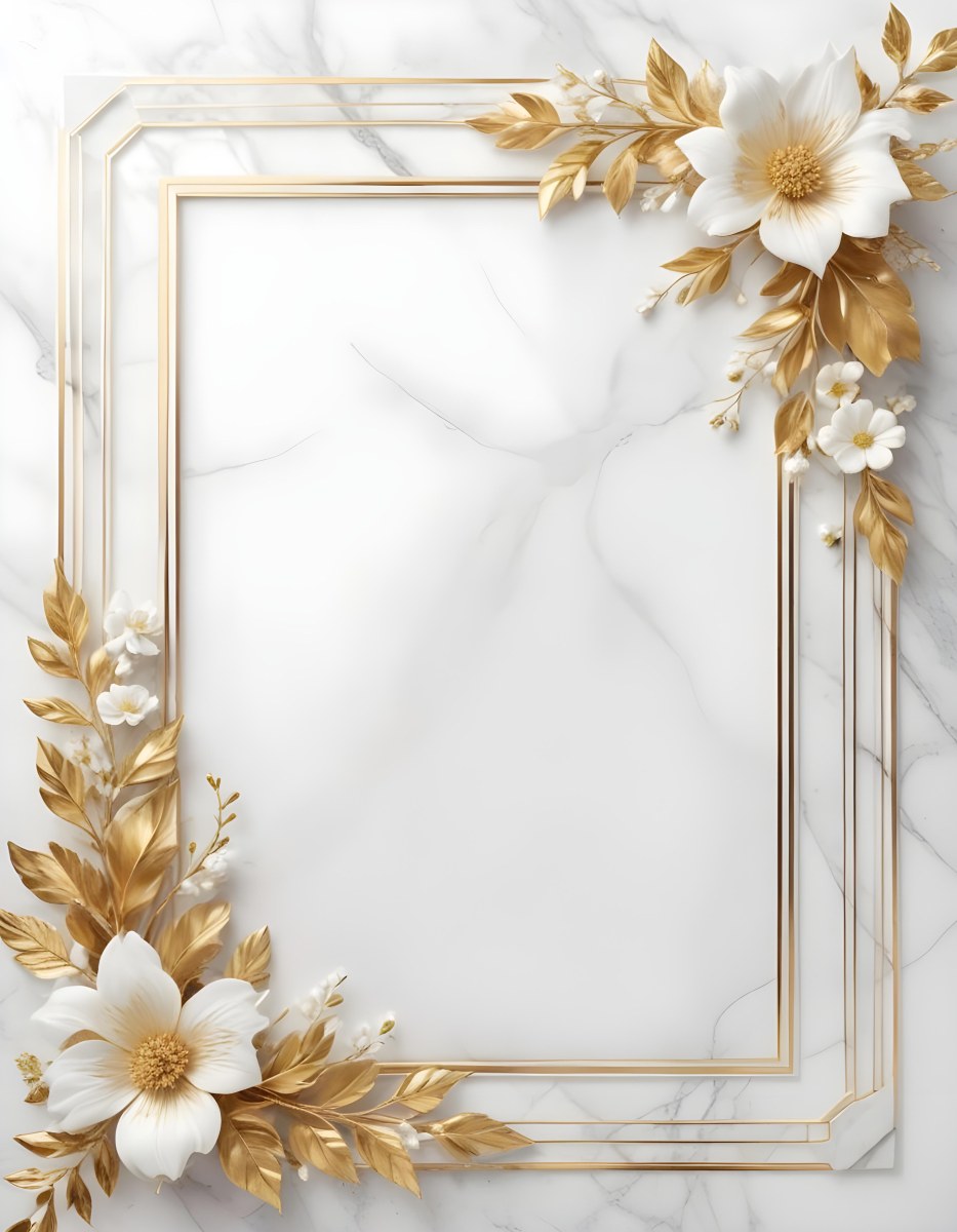 Digital Painting A Golden Floral Frame With White Flowers And Leaves On A White Marble Background Bold And Slim Lines Brush Strokes 5 C659