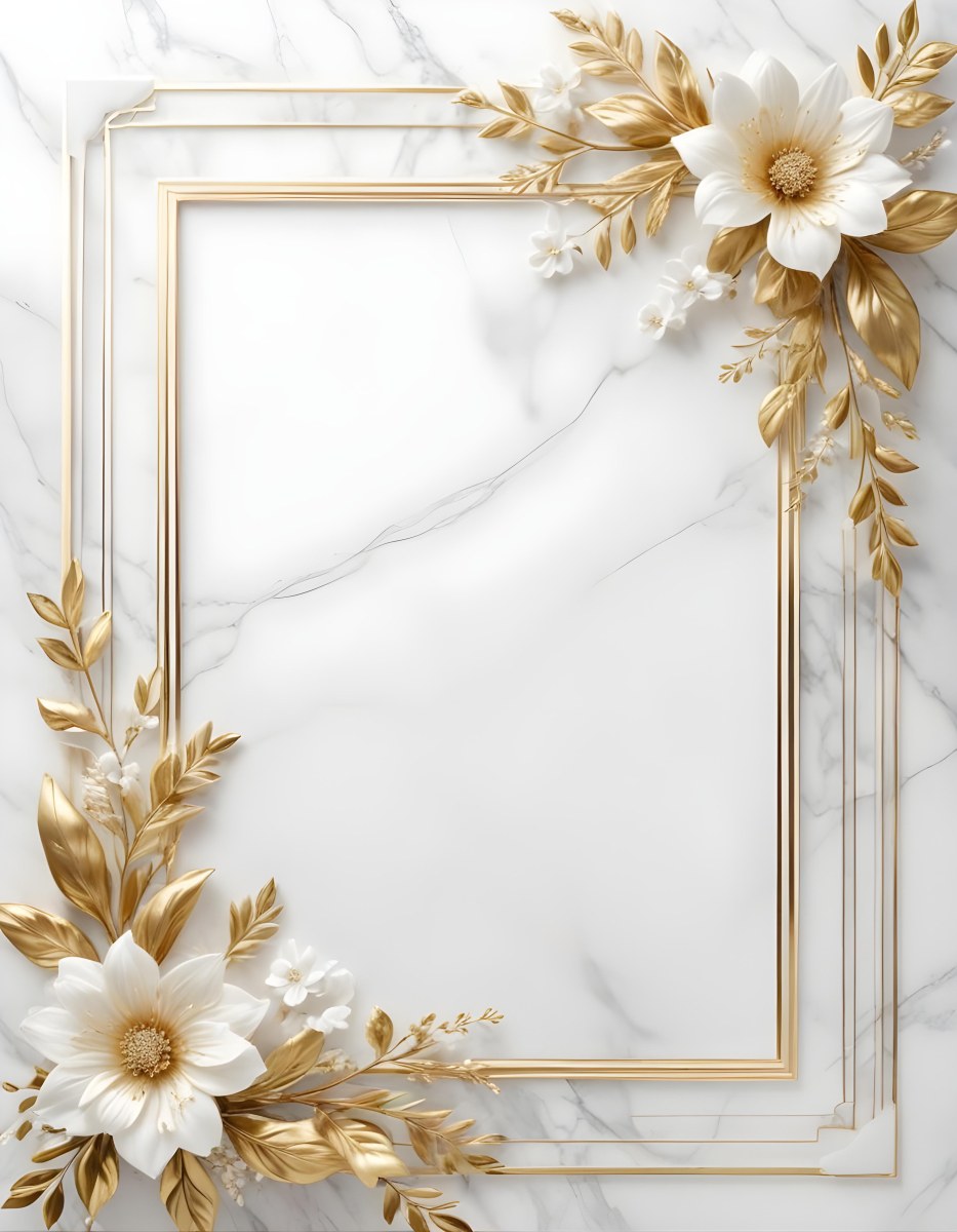 Digital Painting A Golden Floral Frame With White Flowers And Leaves On A White Marble Background Bold And Slim Lines Brush Strokes 6 25ce