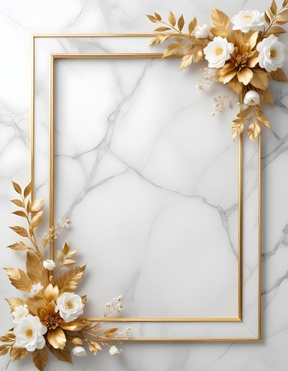 Digital Painting A Golden Floral Frame With White Flowers And Leaves On A White Marble Background Bold And Slim Lines Brush Strokes 9 Eea9