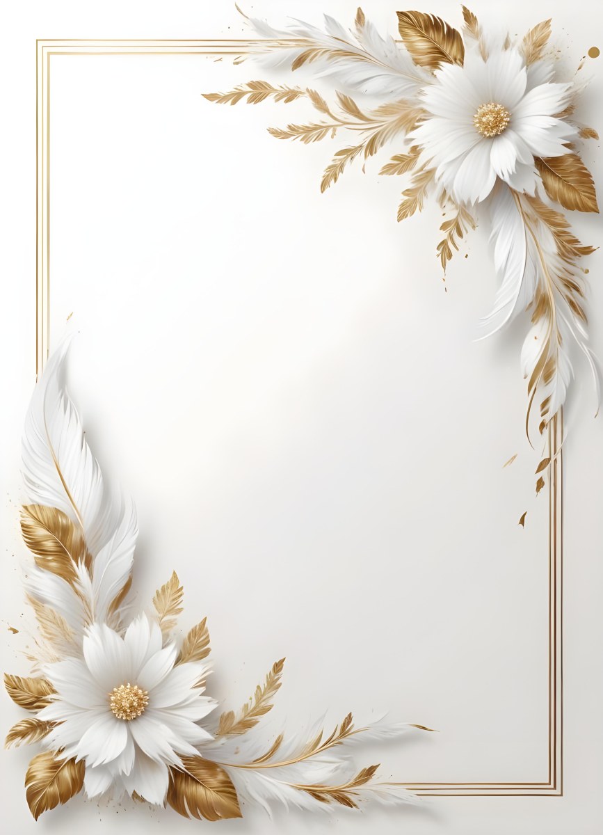 Digital Painting A White And Gold Floral Frame With Feathers And Ornate Decorative Elements On A Light Background Bold And Slim Lines Brush Strokes 53 Dd6b