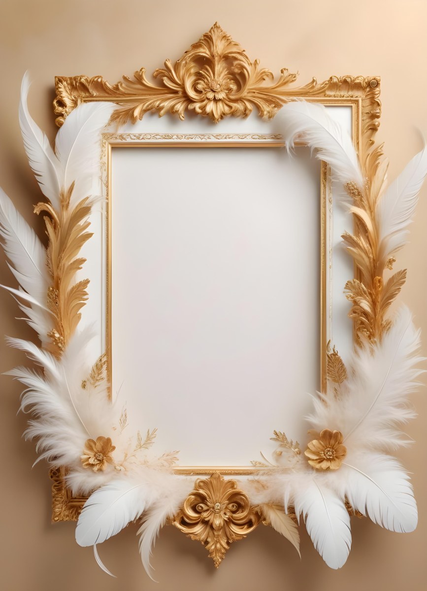 Digital Painting A White And Gold Floral Frame With Feathers And Ornate Decorative Elements On A Light Background Bold And Slim Lines Brush Strokes 6 7d14