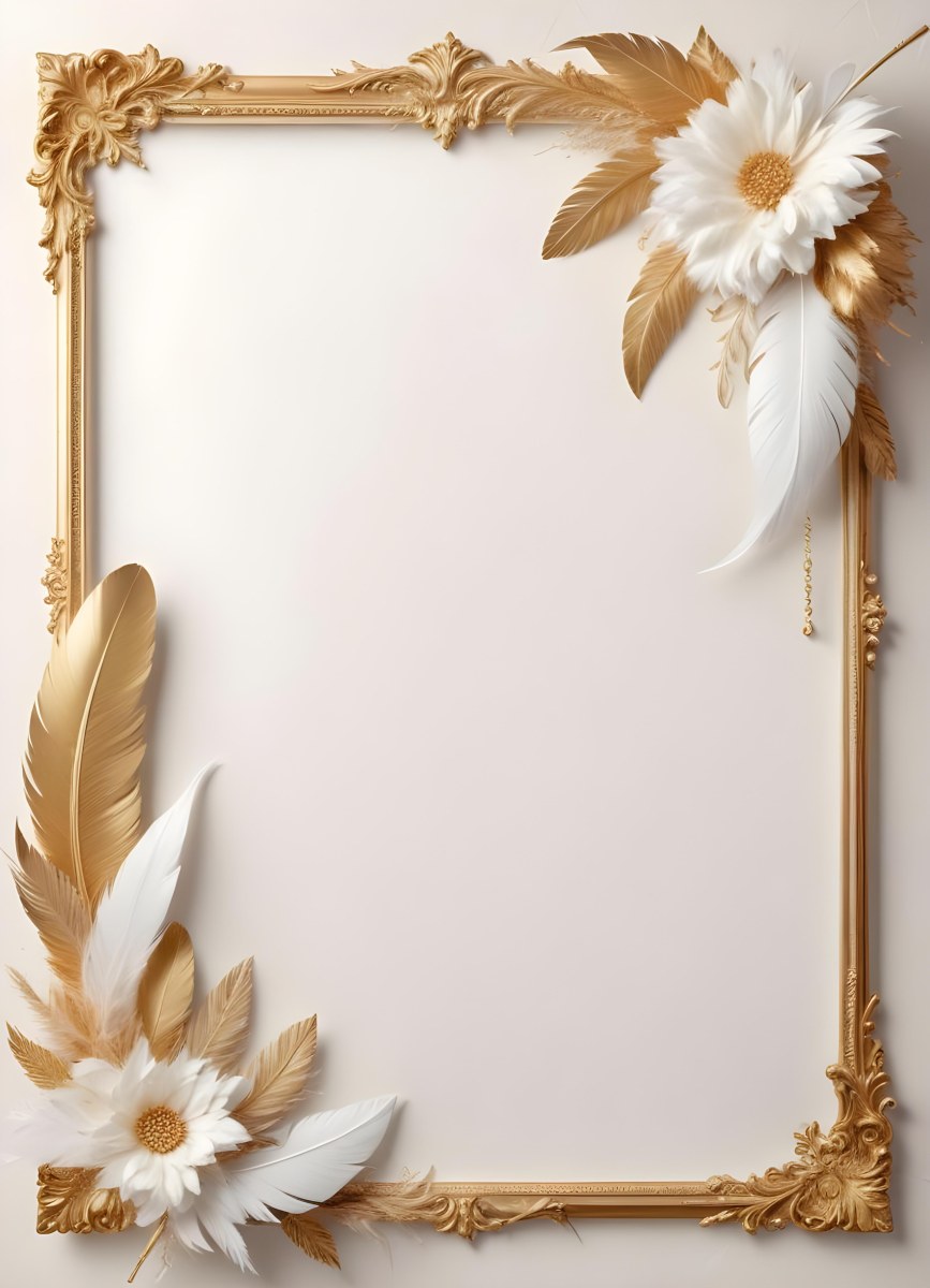Digital Painting A White And Gold Floral Frame With Feathers And Ornate Decorative Elements On A Light Background Bold And Slim Lines Brush Strokes 7 56a1