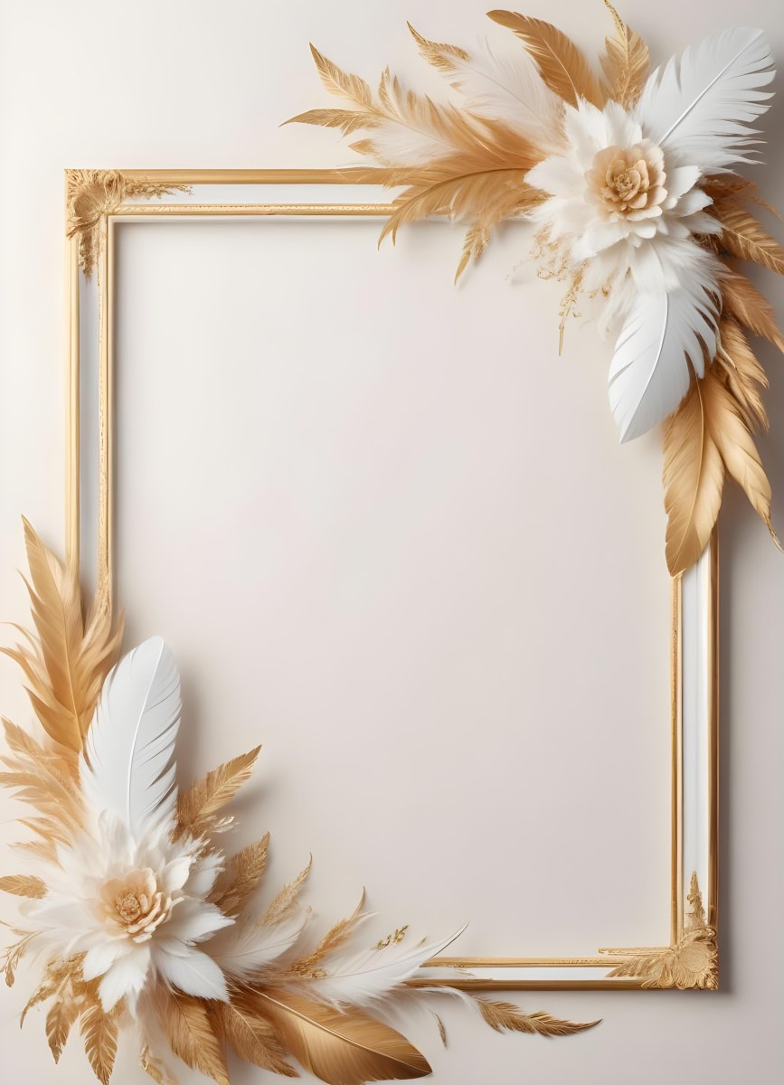 Digital Painting A White And Gold Floral Frame With Feathers And Ornate Decorative Elements On A Light Background Bold And Slim Lines Brush Strokes 8 F36b