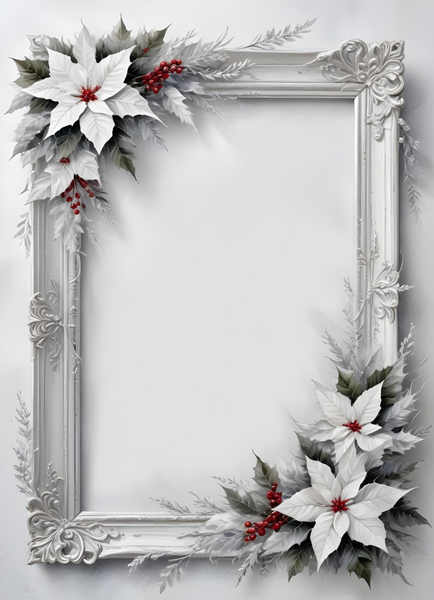 Digital Painting A White And Silver Winter Frame With Decorative Floral Elements Including Poinsettia Flowers And Pine Branches Against A Light Background Bold And Slim Lines Brush Strokes 12 Fb27