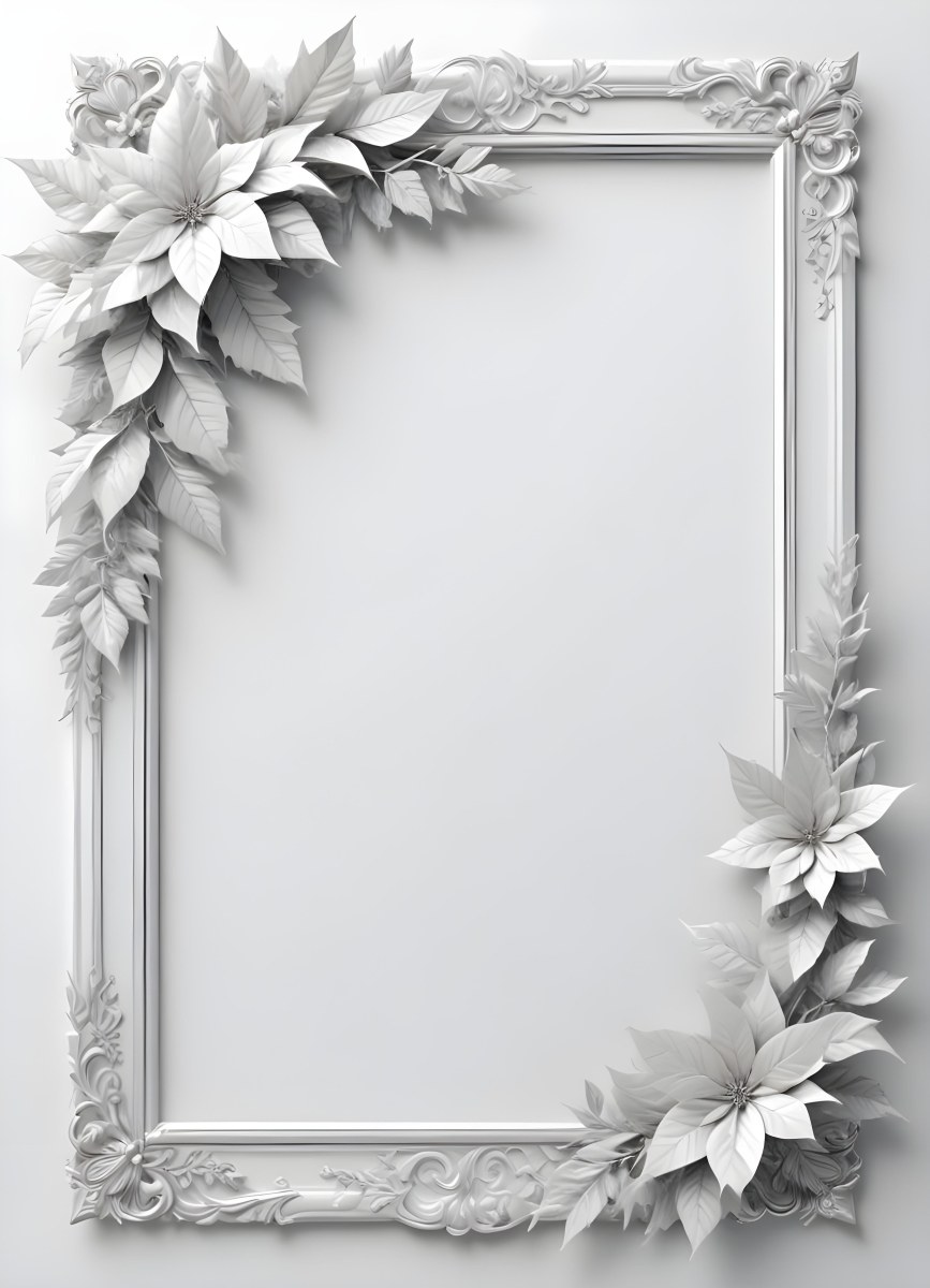 Digital Painting A White And Silver Winter Frame With Decorative Floral Elements Including Poinsettia Flowers And Pine Branches Against A Light Background Bold And Slim Lines Brush Strokes 18 B9bc