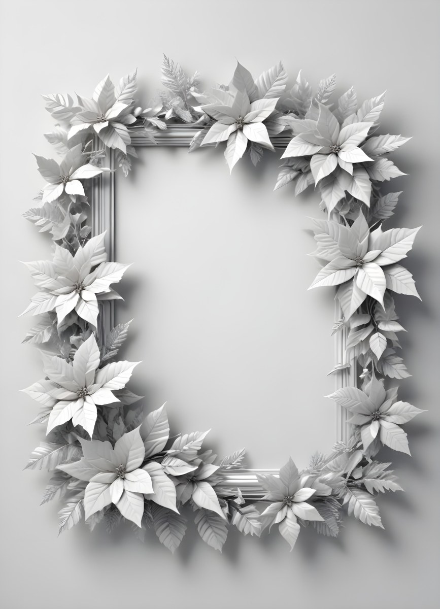Digital Painting A White And Silver Winter Frame With Decorative Floral Elements Including Poinsettia Flowers And Pine Branches Against A Light Background Bold And Slim Lines Brush Strokes 43 56bc