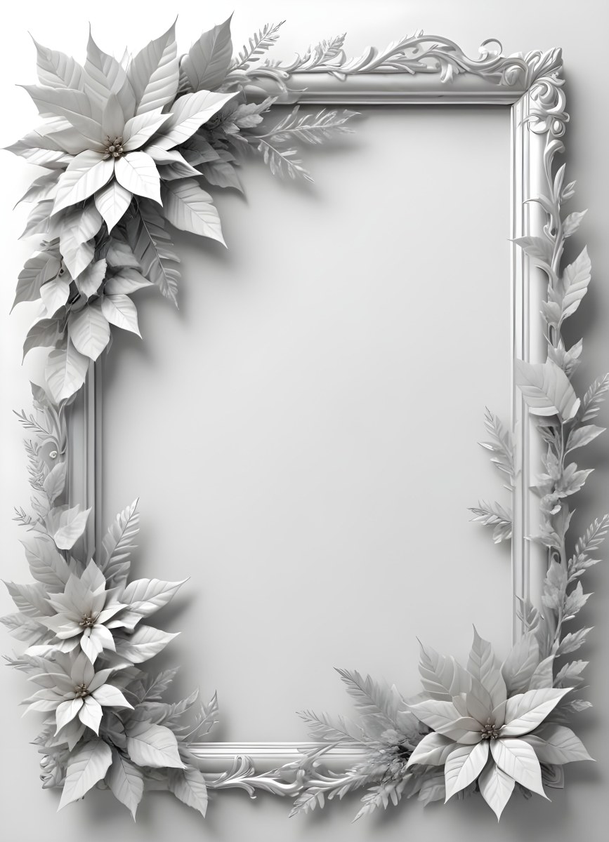 Digital Painting A White And Silver Winter Frame With Decorative Floral Elements Including Poinsettia Flowers And Pine Branches Against A Light Background Bold And Slim Lines Brush Strokes 47 4997
