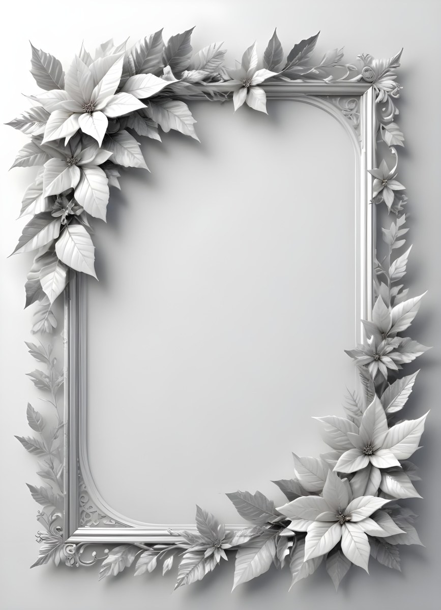 Digital Painting A White And Silver Winter Frame With Decorative Floral Elements Including Poinsettia Flowers And Pine Branches Against A Light Background Bold And Slim Lines Brush Strokes 52 E647