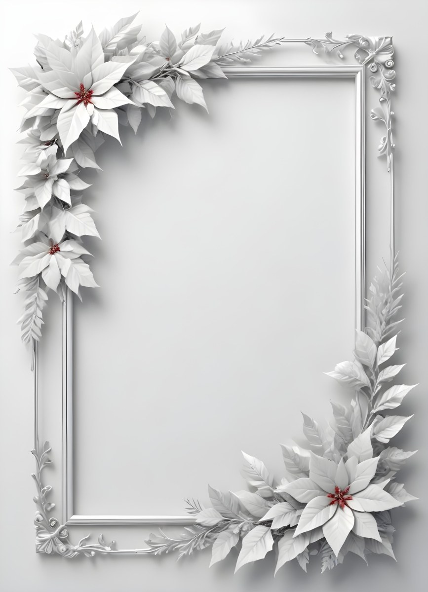 Digital Painting A White And Silver Winter Frame With Decorative Floral Elements Including Poinsettia Flowers And Pine Branches Against A Light Background Bold And Slim Lines Brush Strokes 56 A51c
