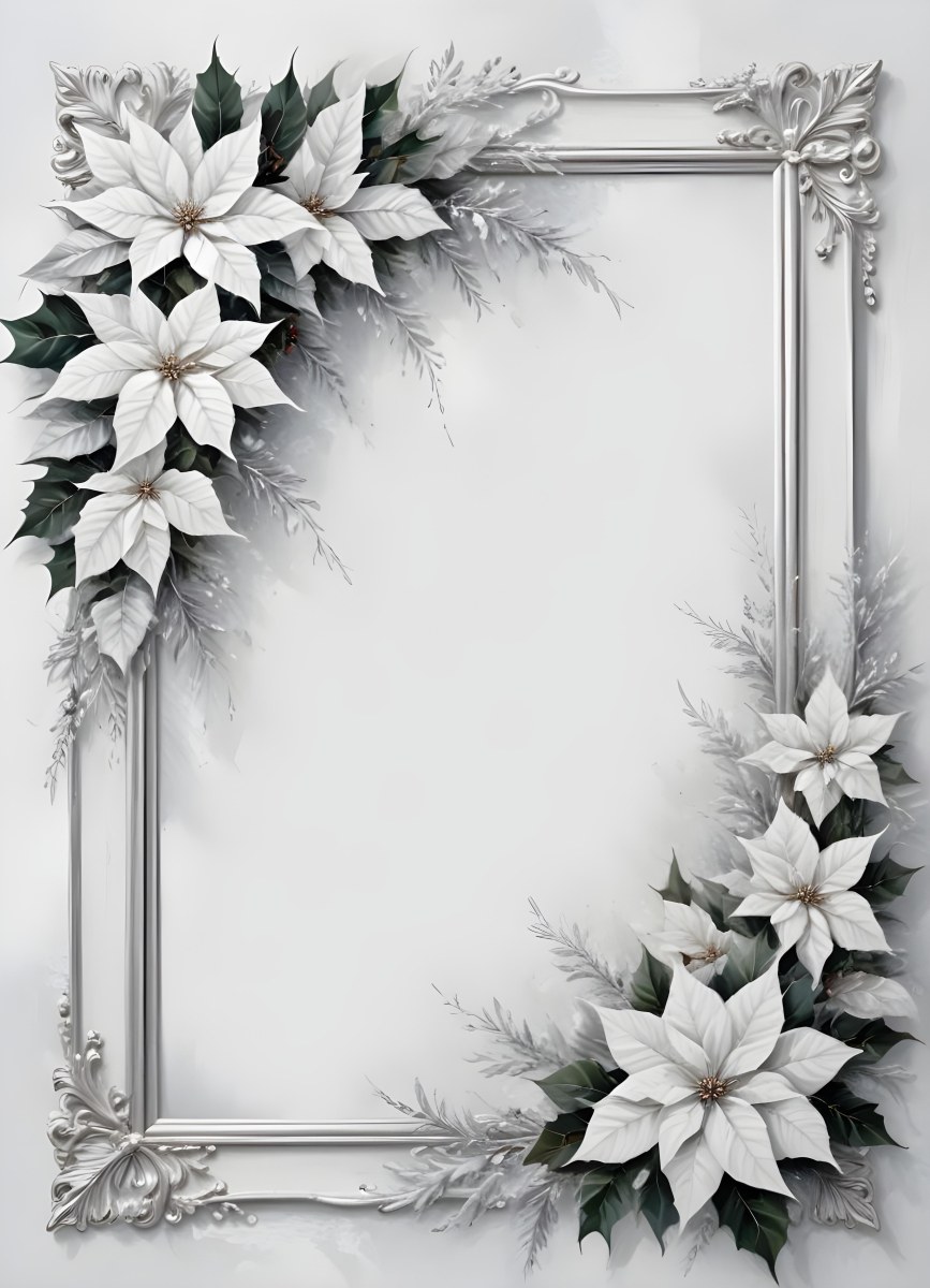 Digital Painting A White And Silver Winter Frame With Decorative Floral Elements Including Poinsettia Flowers And Pine Branches Against A Light Background Bold And Slim Lines Brush Strokes 6 52b5