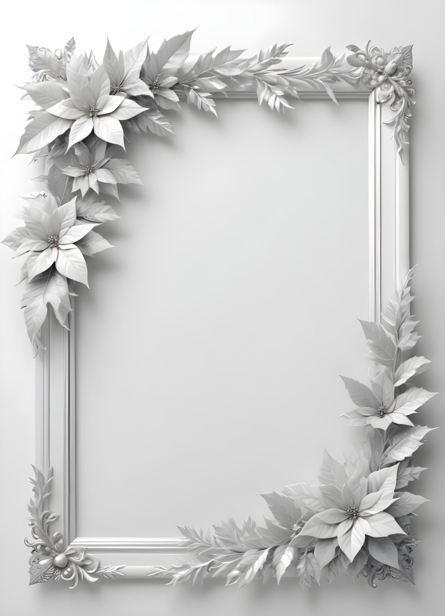 Digital Painting A White And Silver Winter Frame With Decorative Floral Elements Including Poinsettia Flowers And Pine Branches Against A Light Background Bold And Slim Lines Brush Strokes 60 E1fd