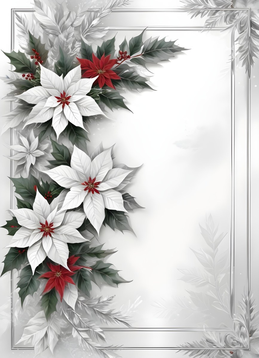 Digital Painting A White And Silver Winter Frame With Decorative Floral Elements Including Poinsettia Flowers And Pine Branches Against A Light Background Bold And Slim Lines Brush Strokes 67 Bbc7