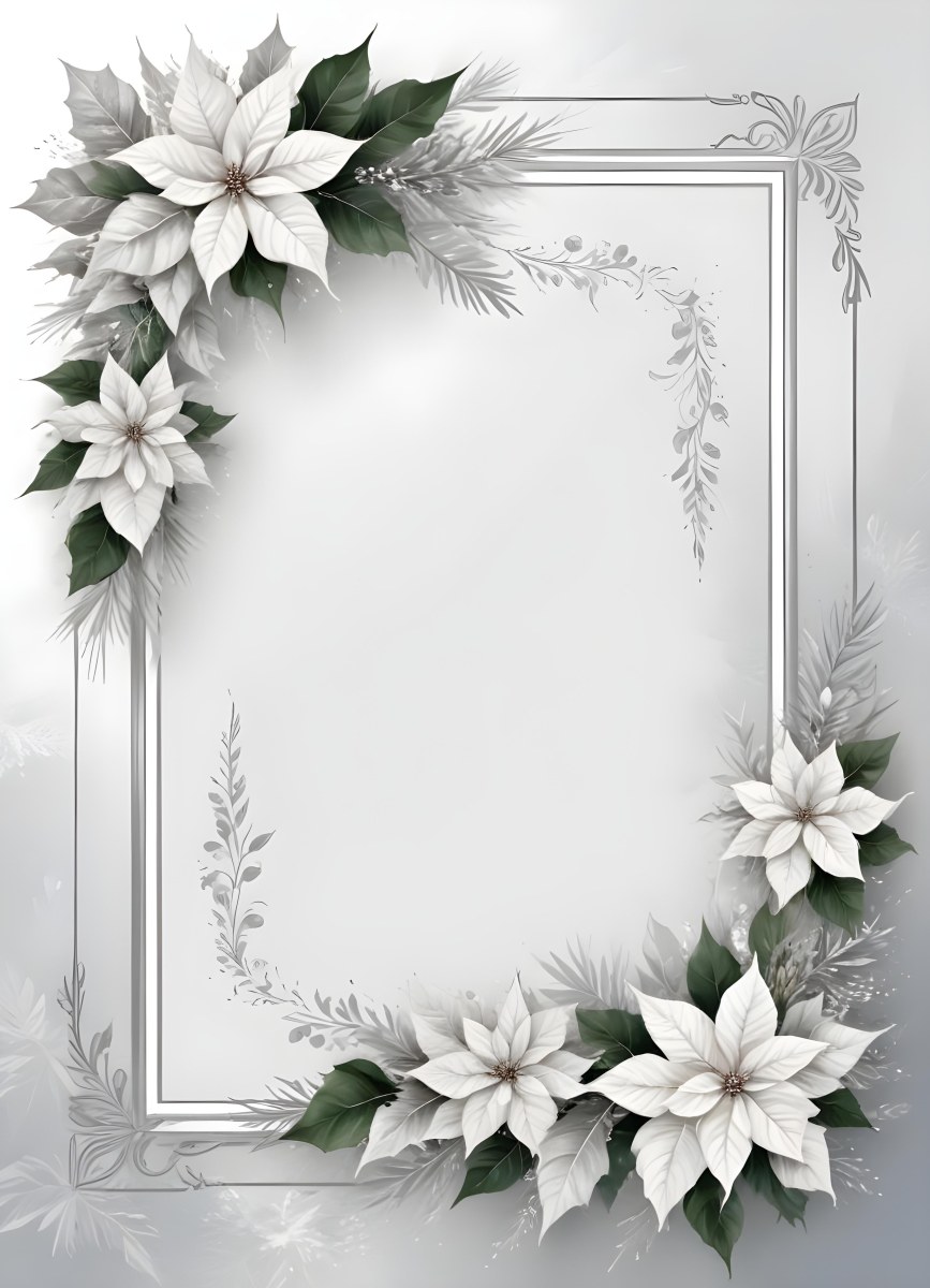 Digital Painting A White And Silver Winter Frame With Decorative Floral Elements Including Poinsettia Flowers And Pine Branches Against A Light Background Bold And Slim Lines Brush Strokes 82 085a