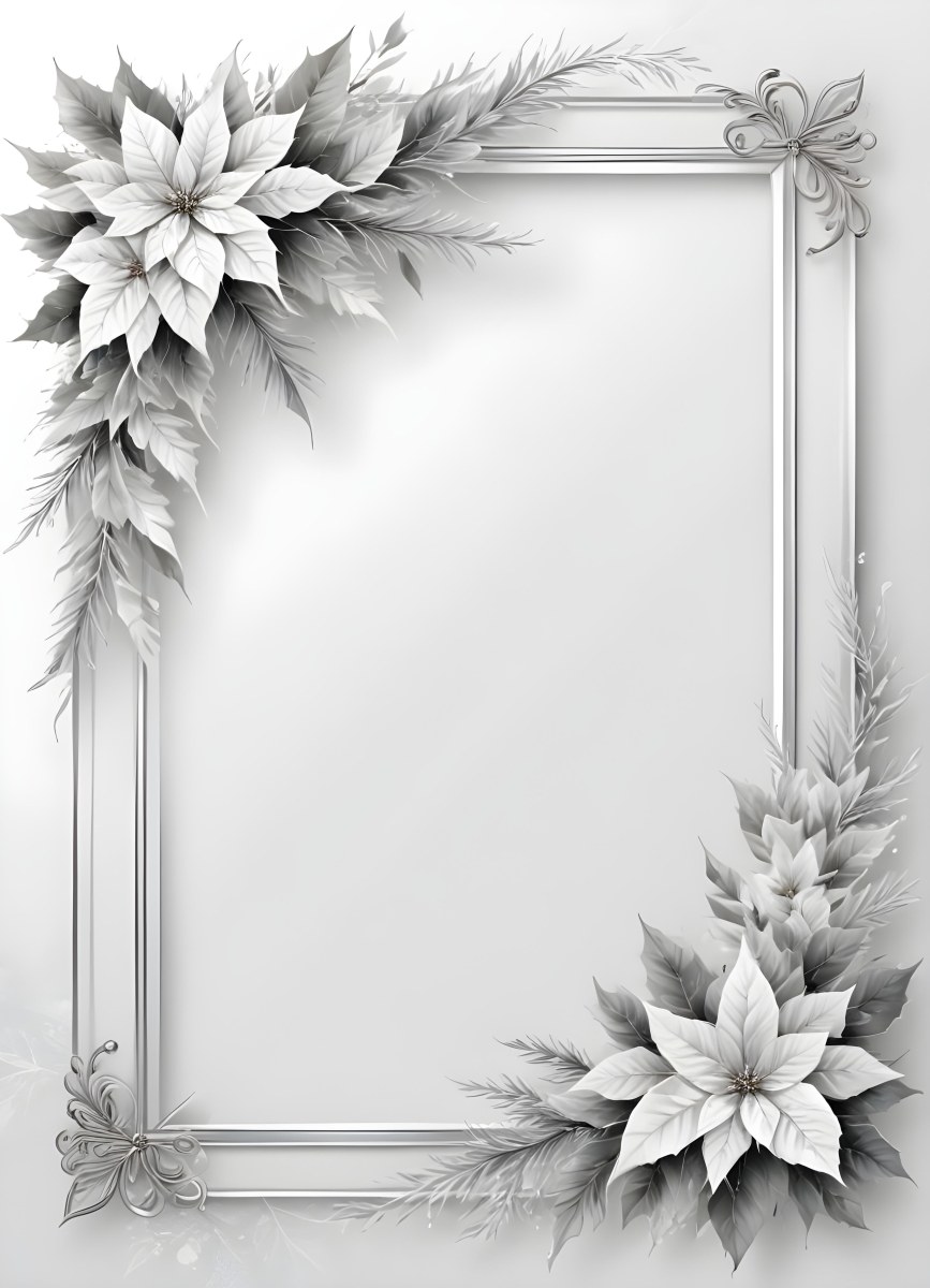 Digital Painting A White And Silver Winter Frame With Decorative Floral Elements Including Poinsettia Flowers And Pine Branches Against A Light Background Bold And Slim Lines Brush Strokes 85 0ea5
