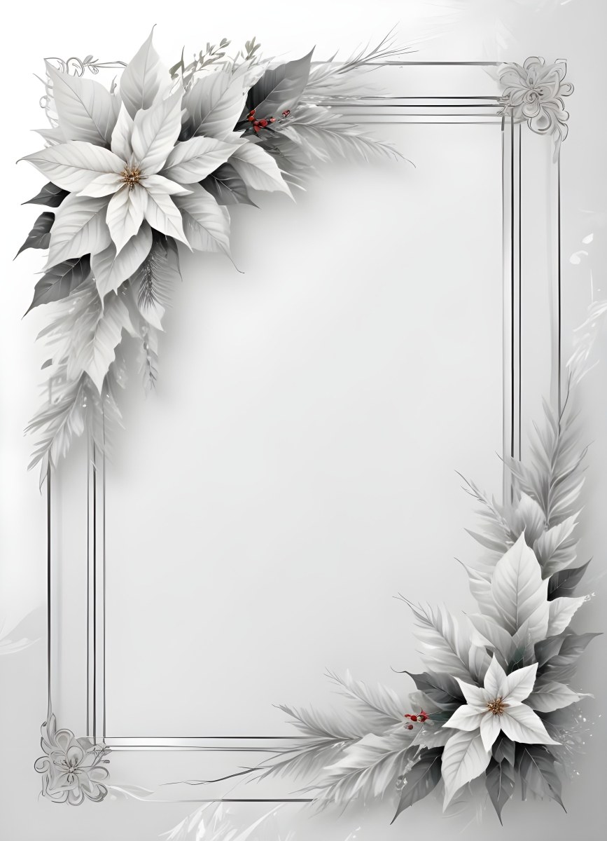 Digital Painting A White And Silver Winter Frame With Decorative Floral Elements Including Poinsettia Flowers And Pine Branches Against A Light Background Bold And Slim Lines Brush Strokes 86 A142